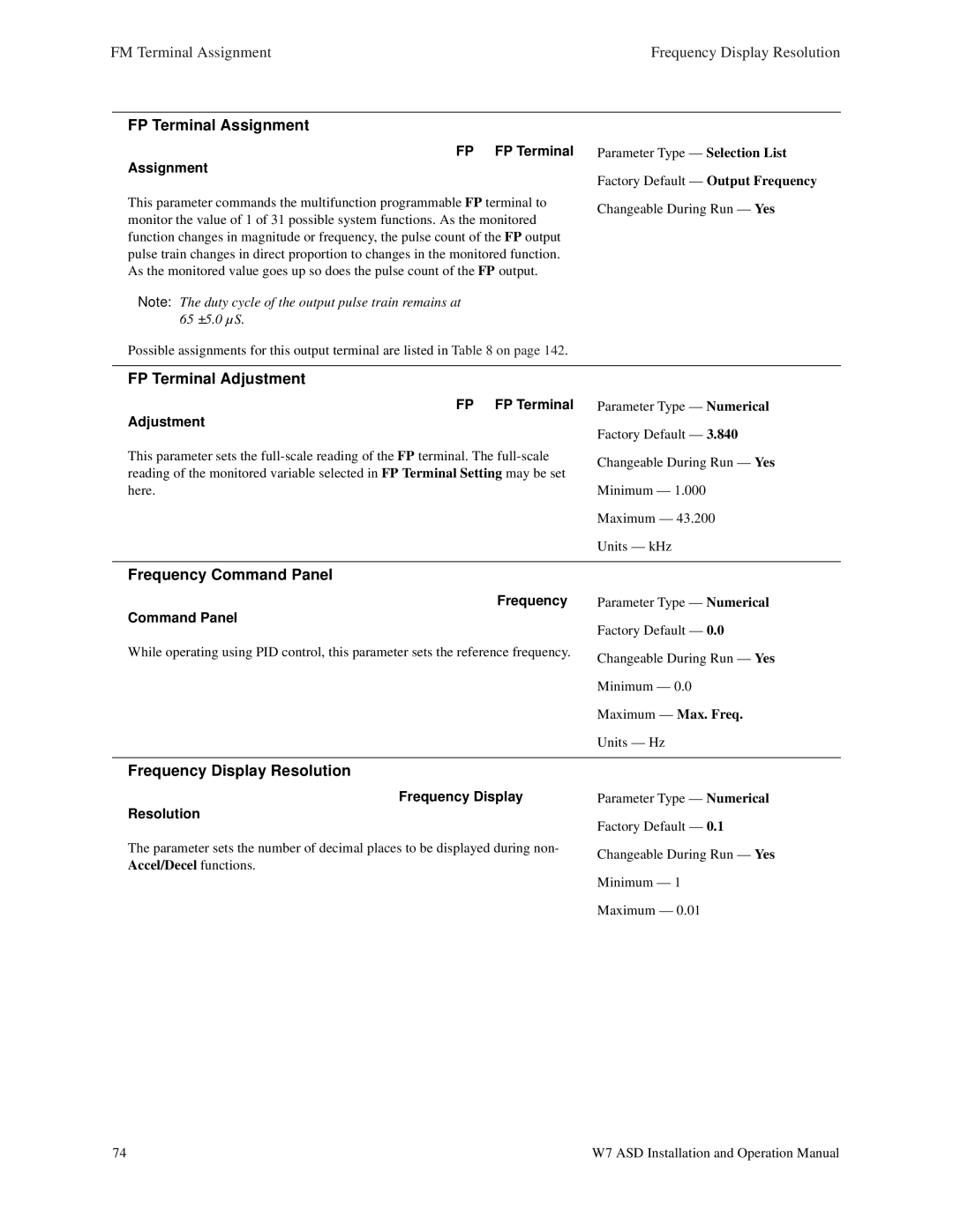 Toshiba W7 manual FP Terminal Assignment, FP Terminal Adjustment, Frequency Command Panel, Frequency Display Resolution 