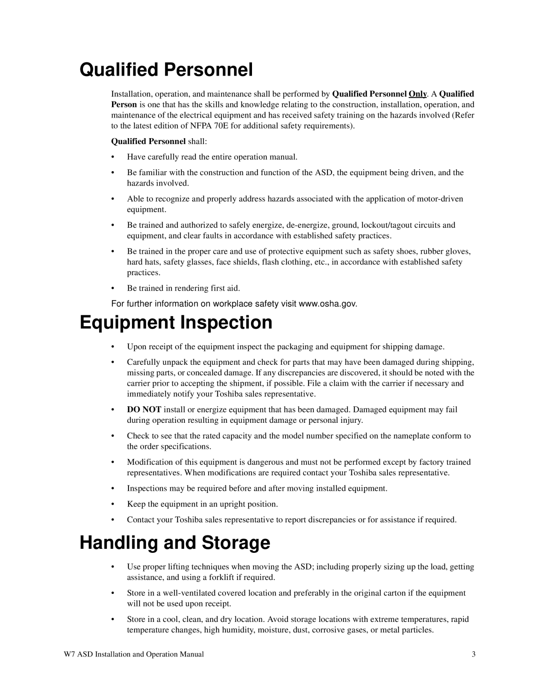 Toshiba W7 manual Qualified Personnel, Equipment Inspection, Handling and Storage 