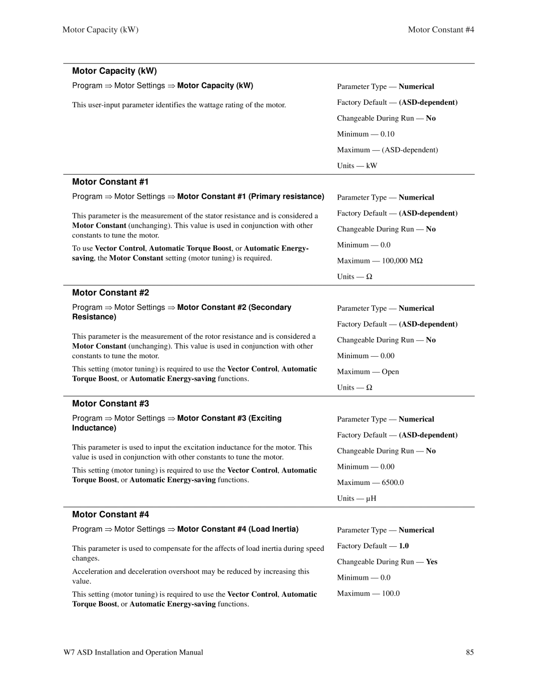 Toshiba W7 manual Motor Capacity kW, Motor Constant #1, Motor Constant #2, Motor Constant #3, Motor Constant #4 