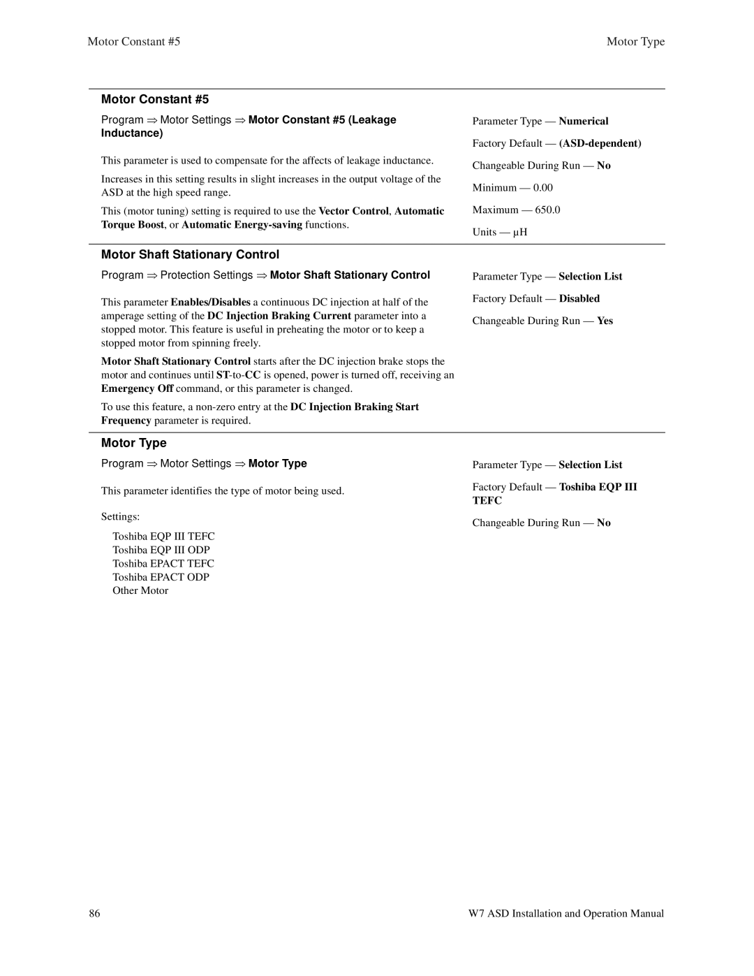 Toshiba W7 manual Motor Constant #5, Motor Shaft Stationary Control, Motor Type 