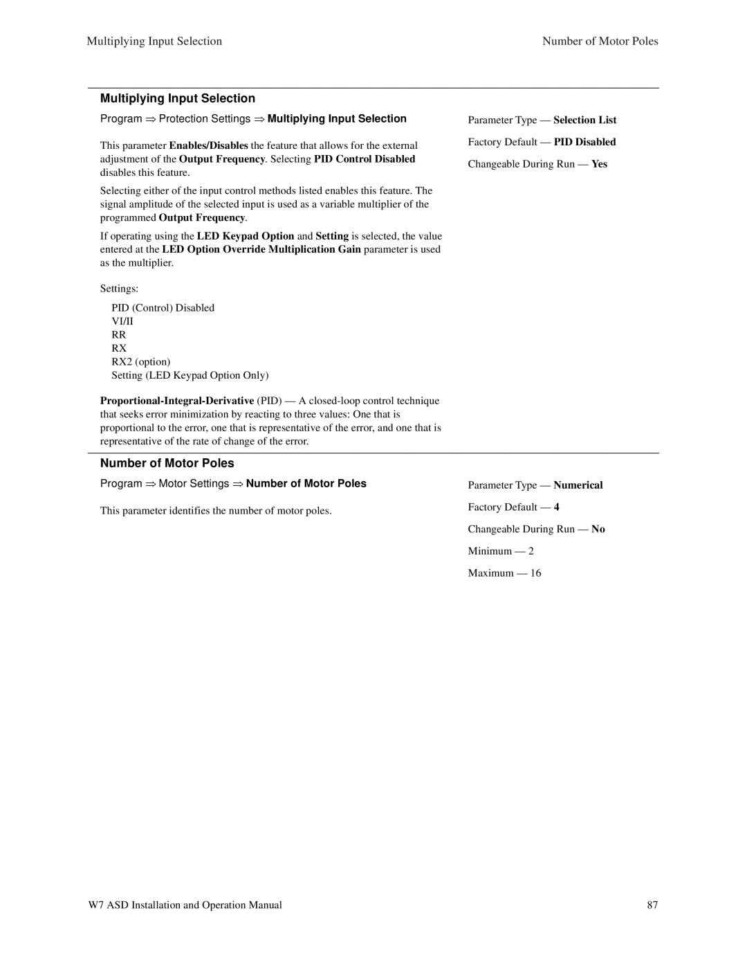 Toshiba W7 manual Number of Motor Poles, Program Protection Settings Multiplying Input Selection 