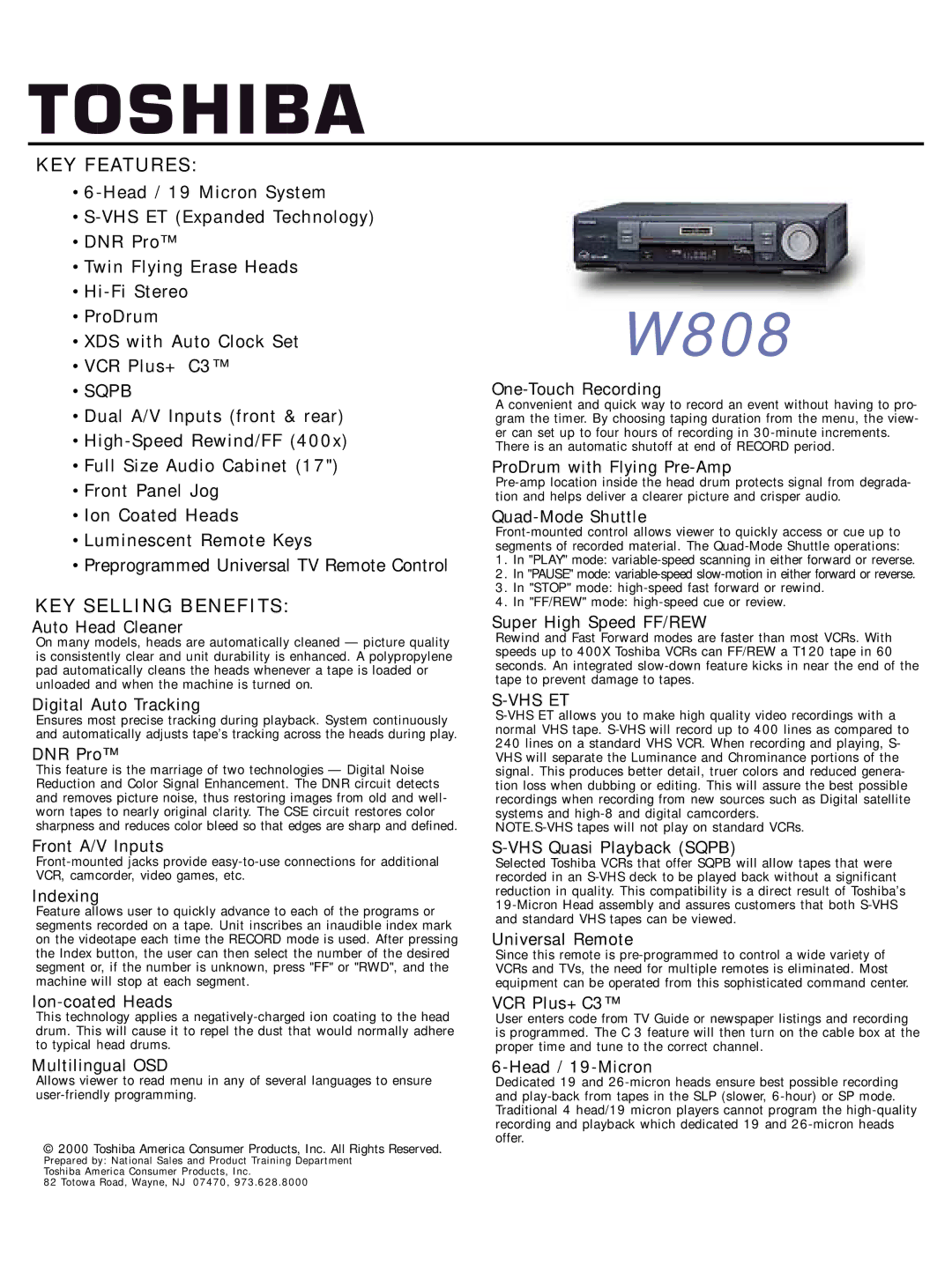 Toshiba W808 manual KEY Features, KEY Selling Benefits 