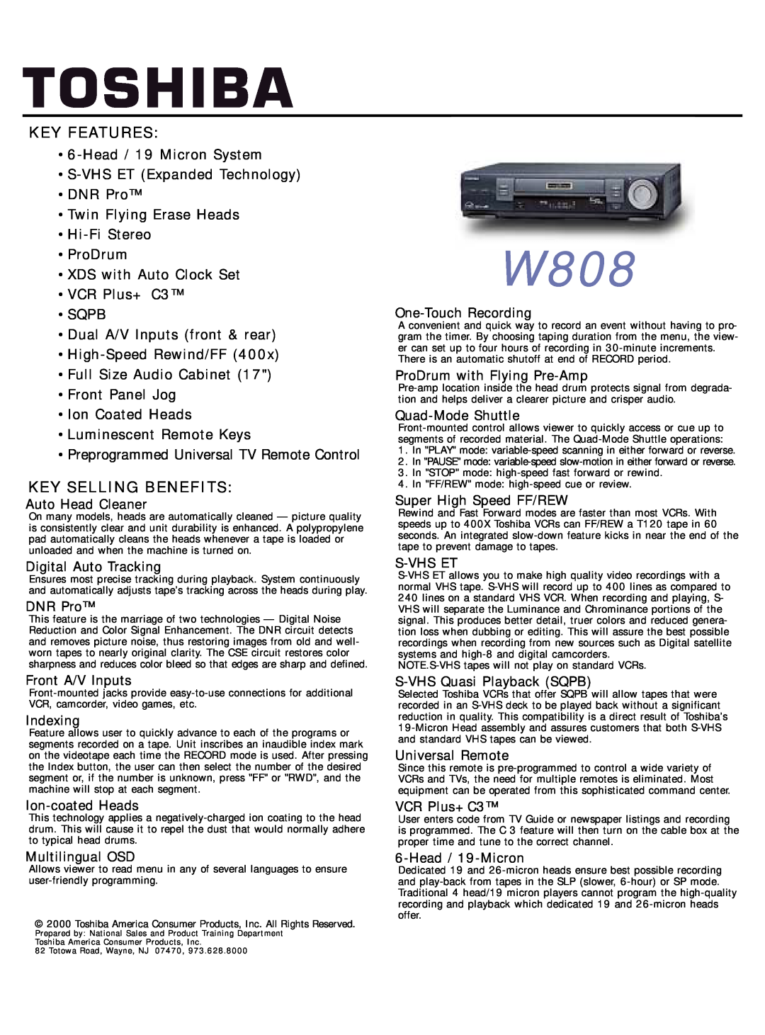 Toshiba W808 manual Key Features, Key Selling Benefits 