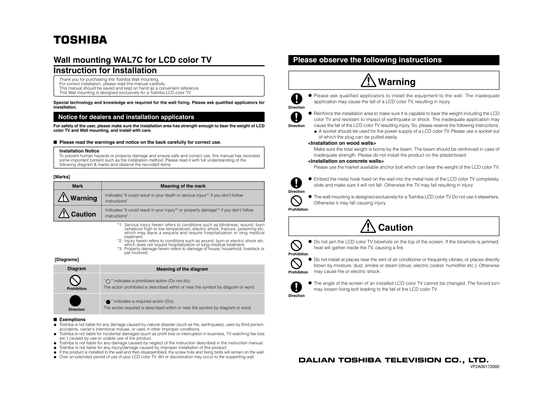 Toshiba WAL7C instruction manual Installation on wood walls, Installation on concrete walls, Marks Meaning of the mark 