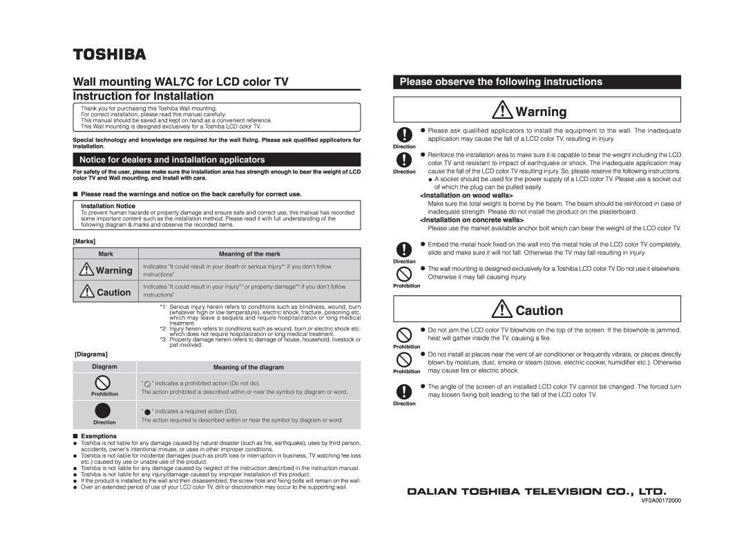 Toshiba instruction manual Wall mounting WAL7C for LCD color TV Instruction for Installation 