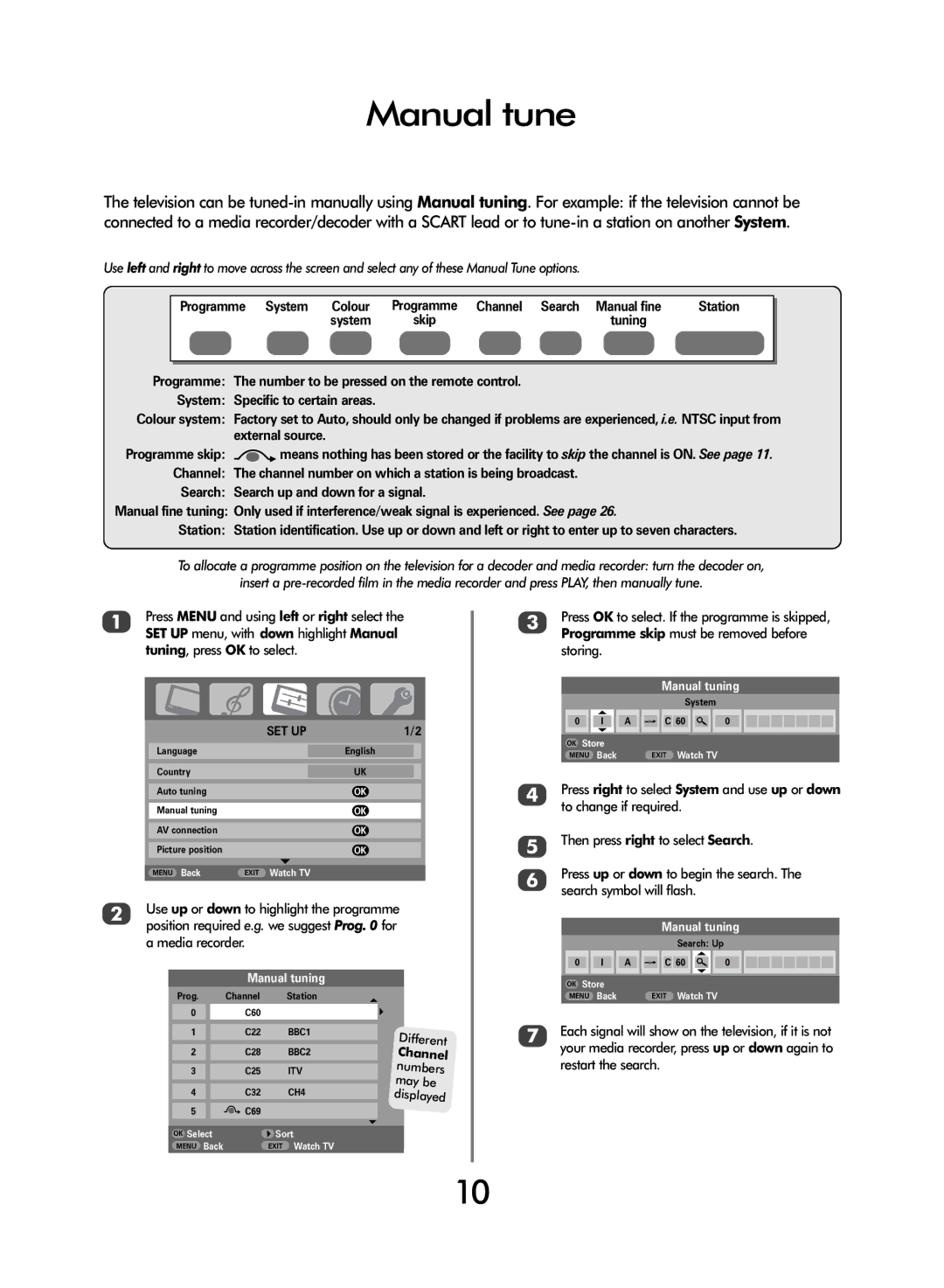 Toshiba WL68 owner manual Manual tune, Set Up 