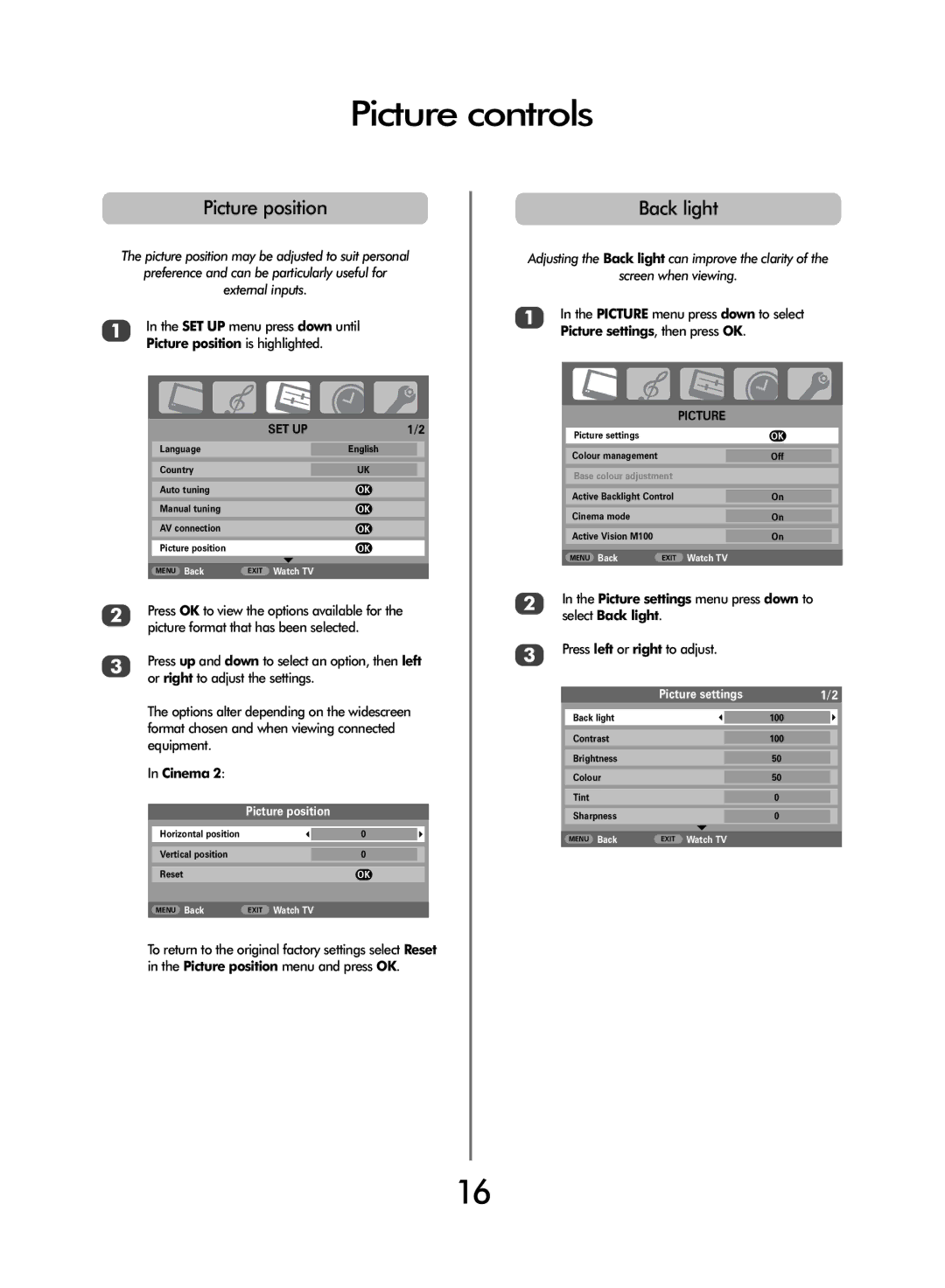 Toshiba WL68 owner manual Picture controls, Picture position, Back light 