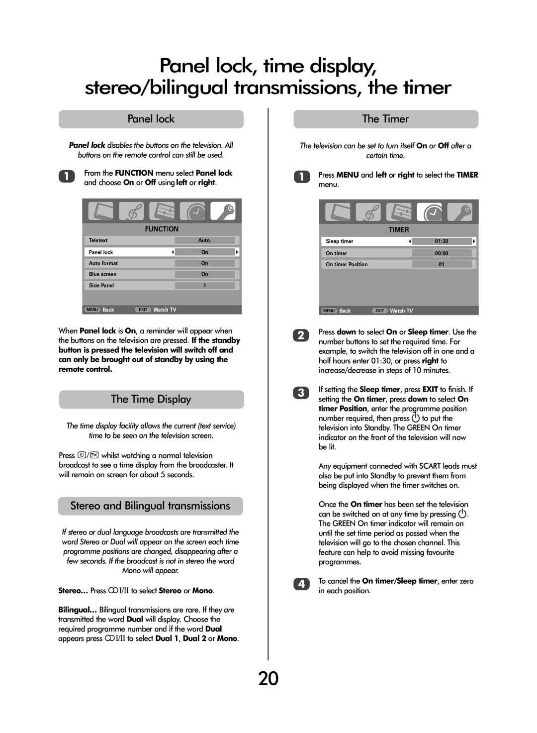 Toshiba WL68 owner manual Panel lock, Time Display, Stereo and Bilingual transmissions, Timer 