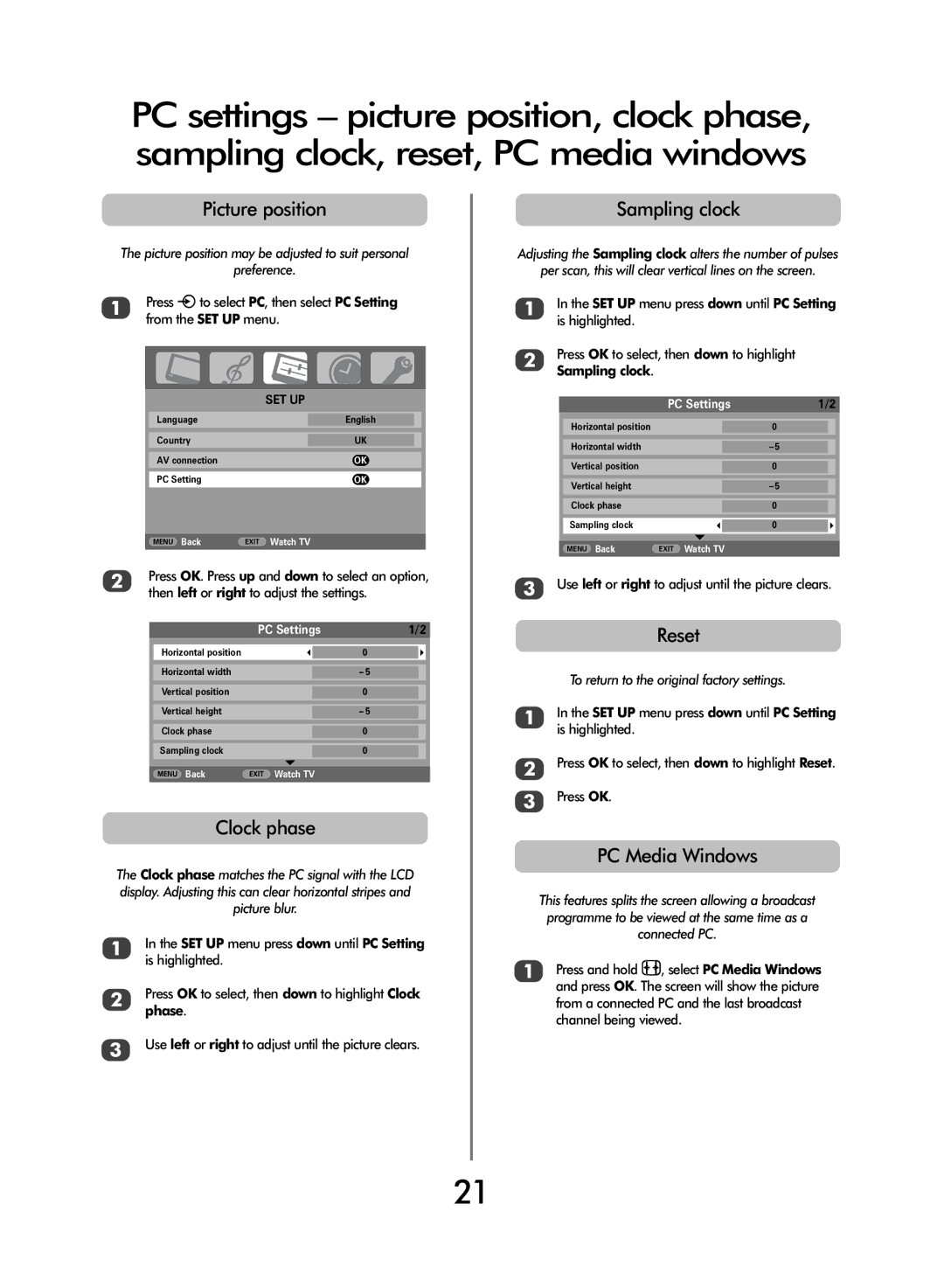 Toshiba WL68 owner manual Clock phase, Sampling clock, Reset, PC Media Windows, PC Settings 