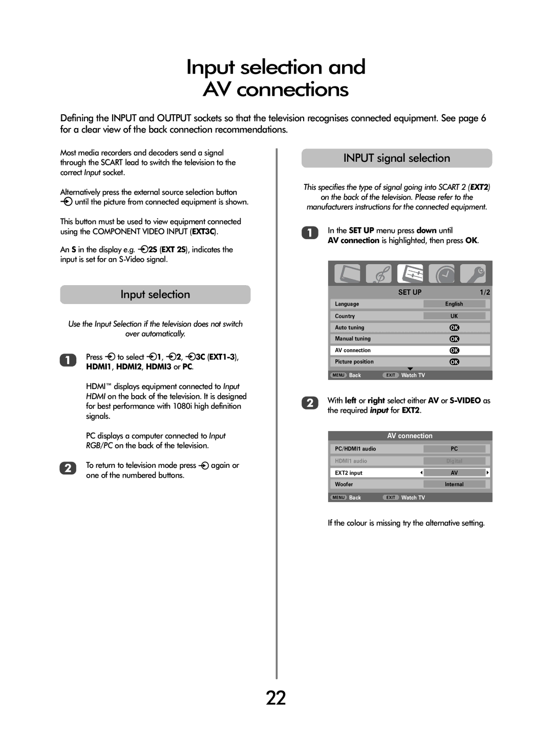 Toshiba WL68 Input selection AV connections, Input signal selection, If the colour is missing try the alternative setting 