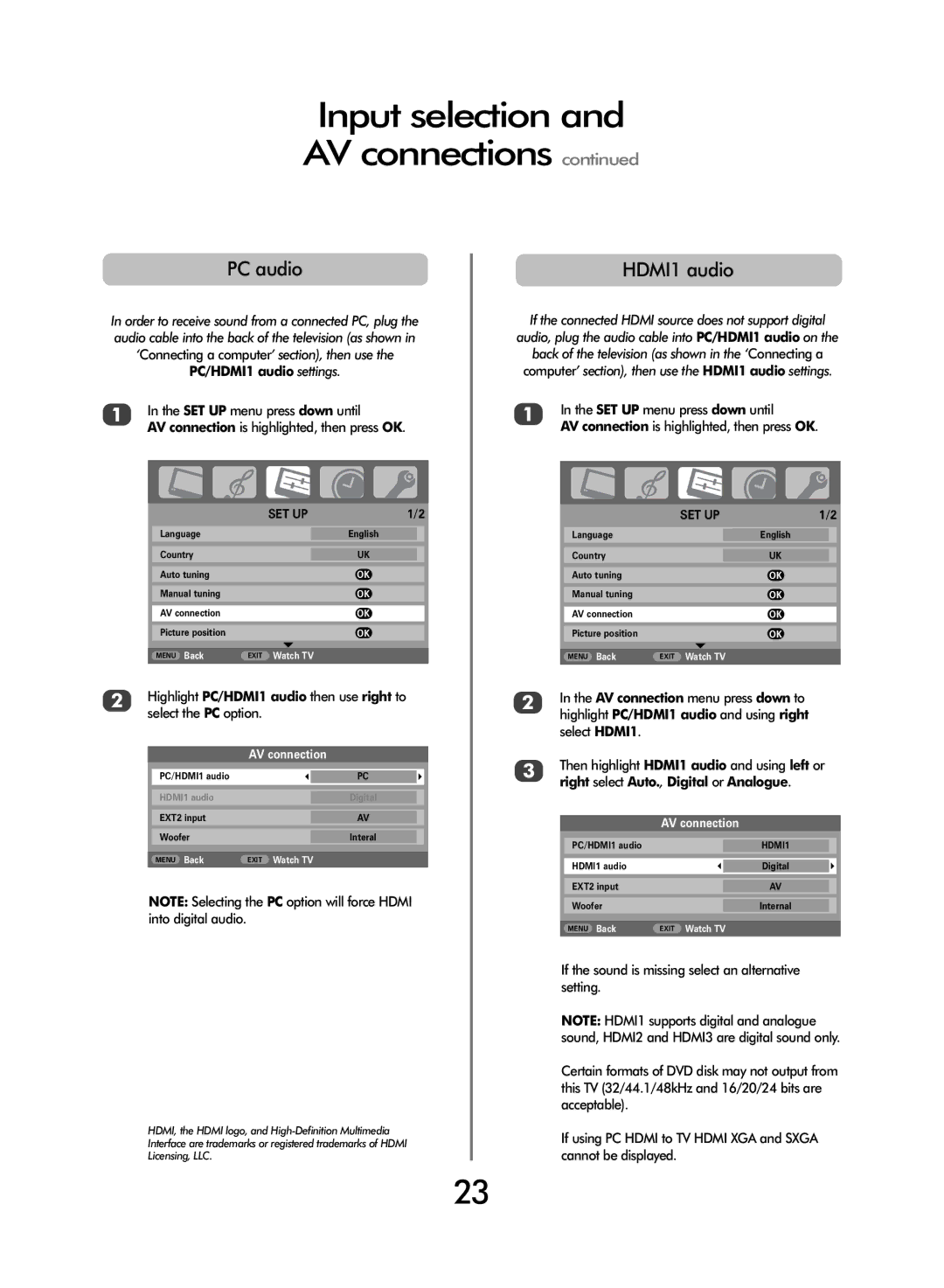 Toshiba WL68 owner manual Input selection and AV connections, PC audio, HDMI1audio 