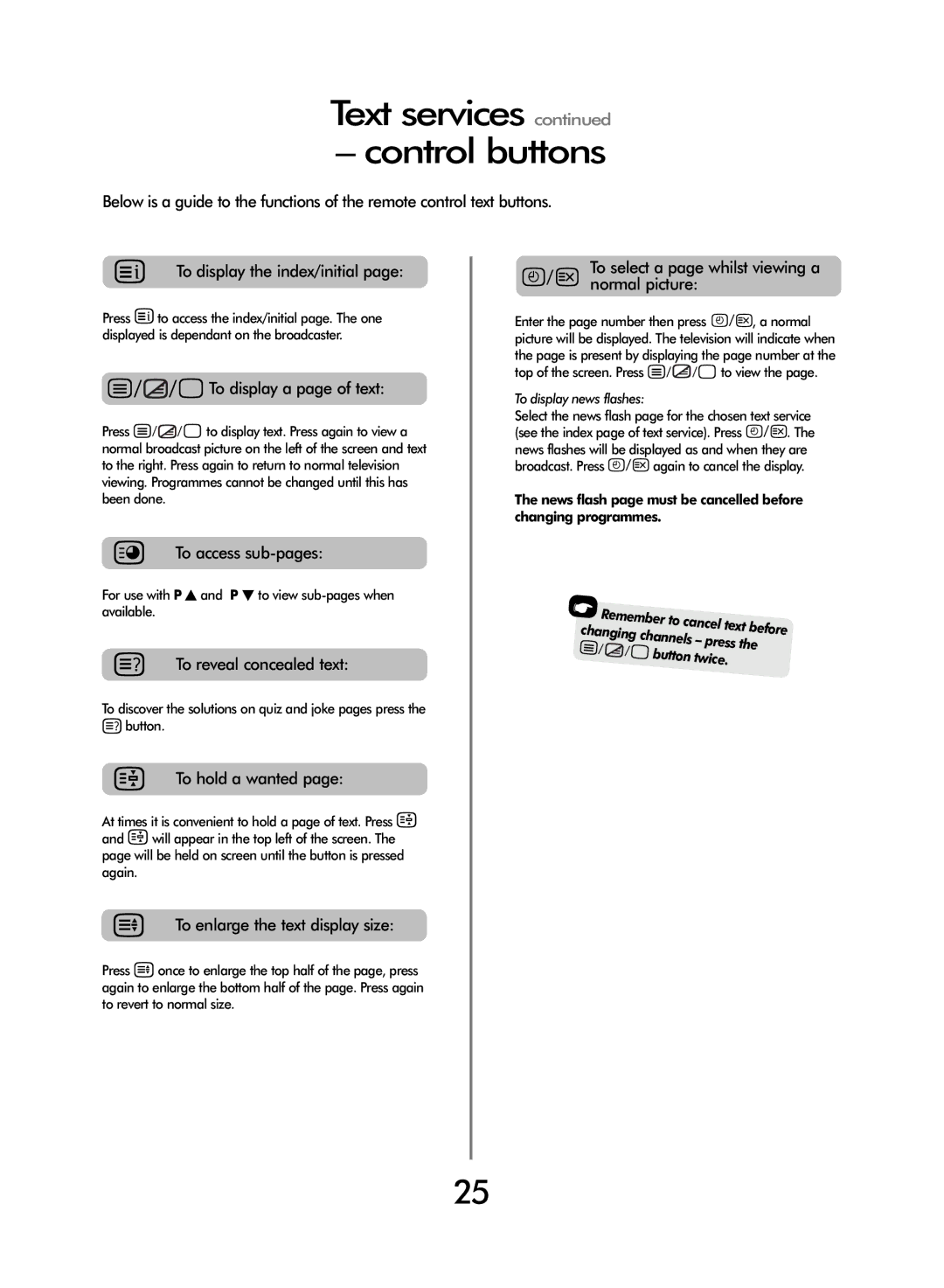 Toshiba WL68 owner manual Text services Control buttons, For use with P fand P eto view sub-pages when available 