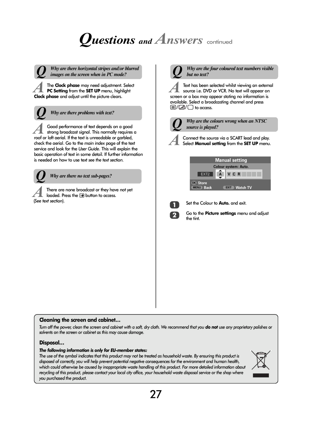 Toshiba WL68 owner manual Questions, Clock phase and adjust until the picture clears 