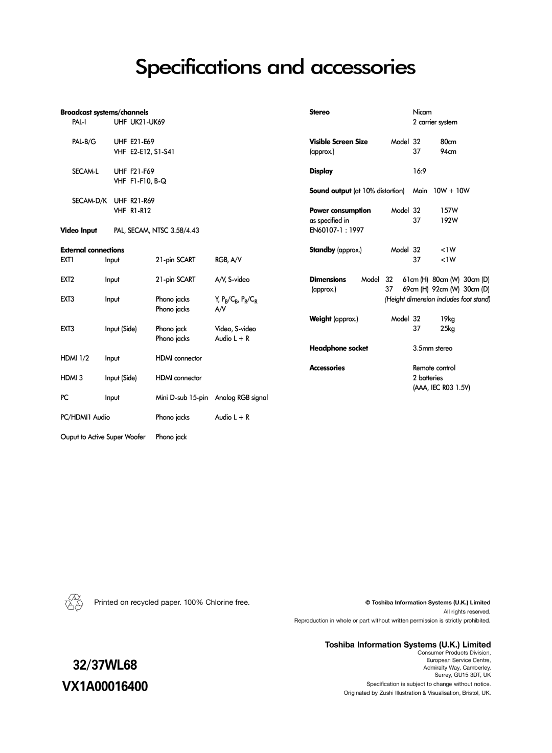 Toshiba WL68 owner manual Specifications and accessories 