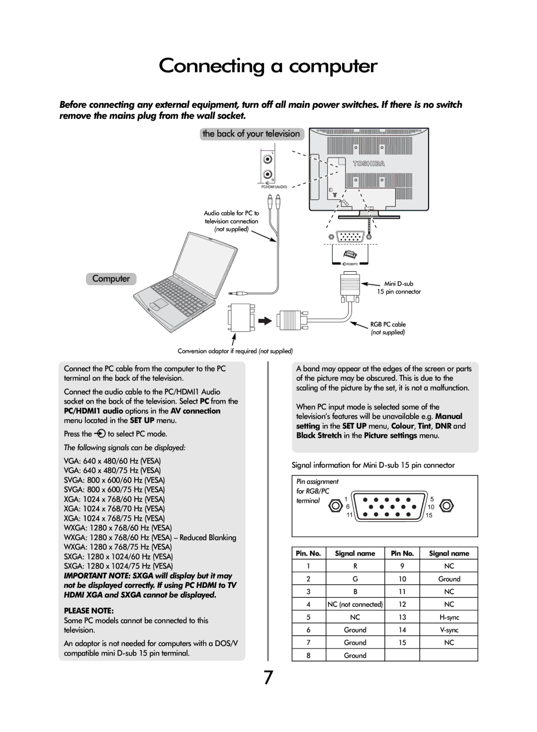 Toshiba WL68 Connecting a computer, Please Note, Signal information for Mini D-sub 15 pin connector, Signal name Pin No 