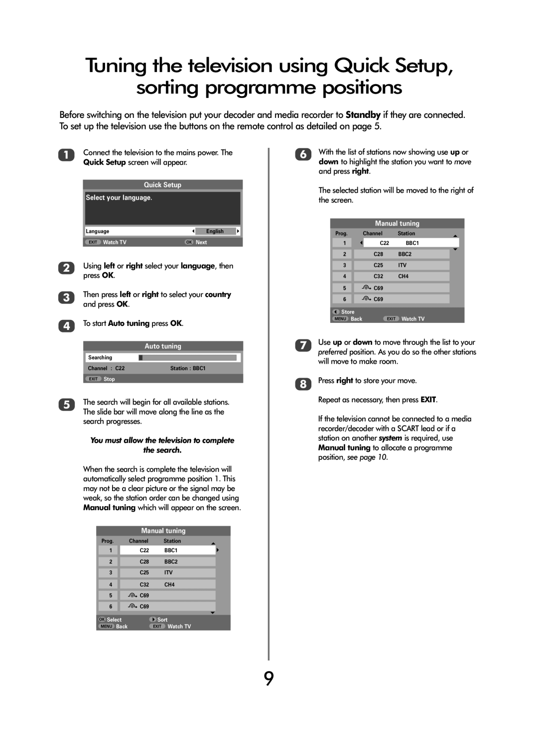 Toshiba WL68 owner manual Select your language, Auto tuning, Manual tuning 