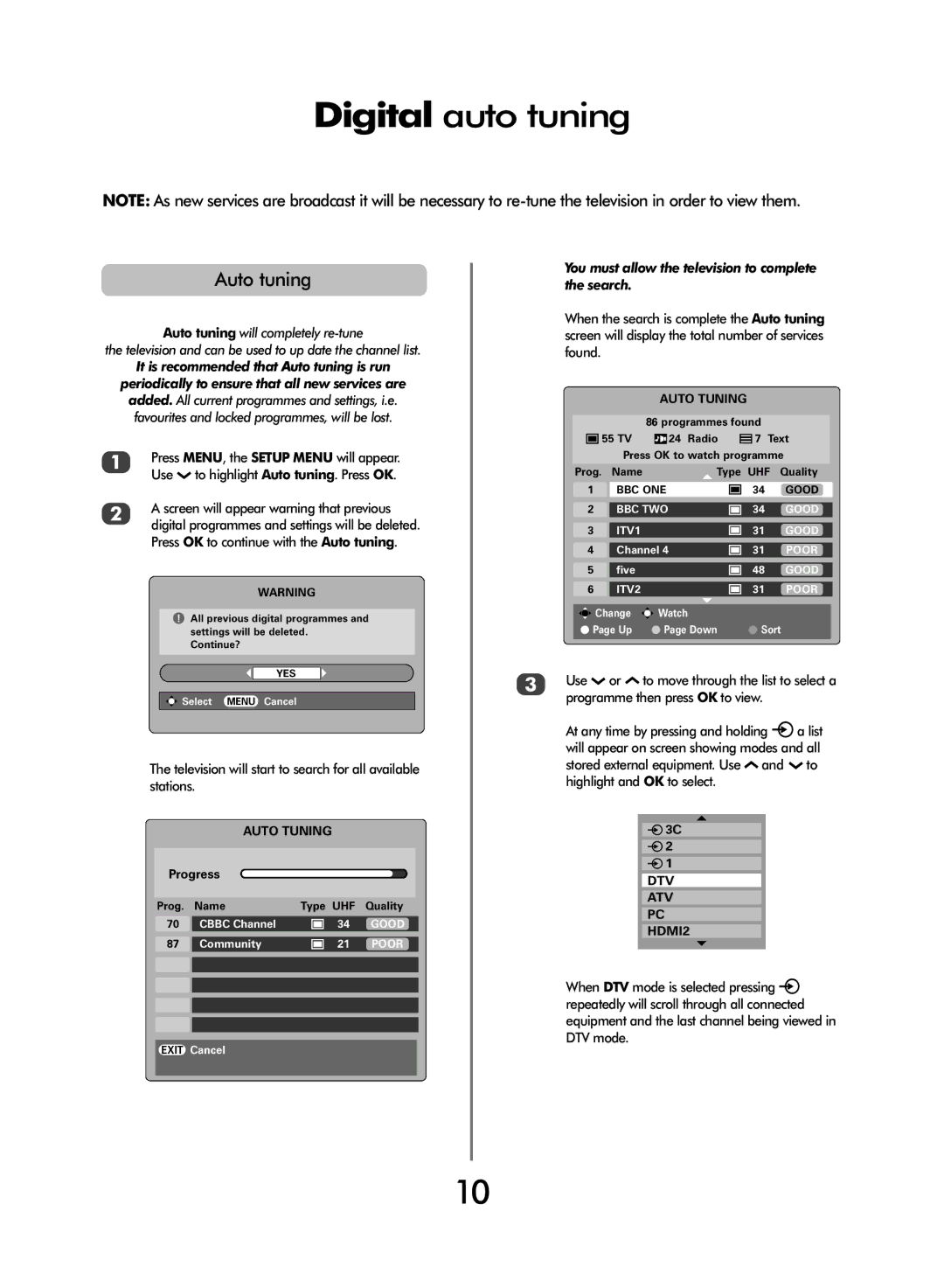 Toshiba WLT66 owner manual Digital auto tuning, Auto tuning, Television will start to search for all available stations 