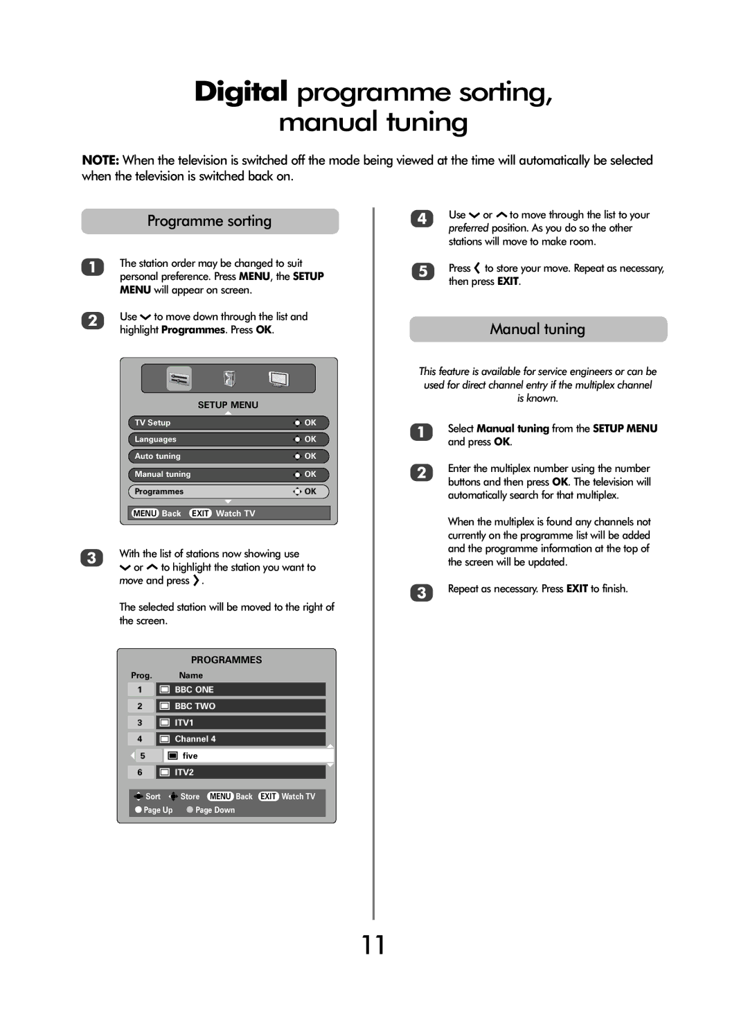 Toshiba WLT66 owner manual Digital programme sorting Manual tuning, Programme sorting 