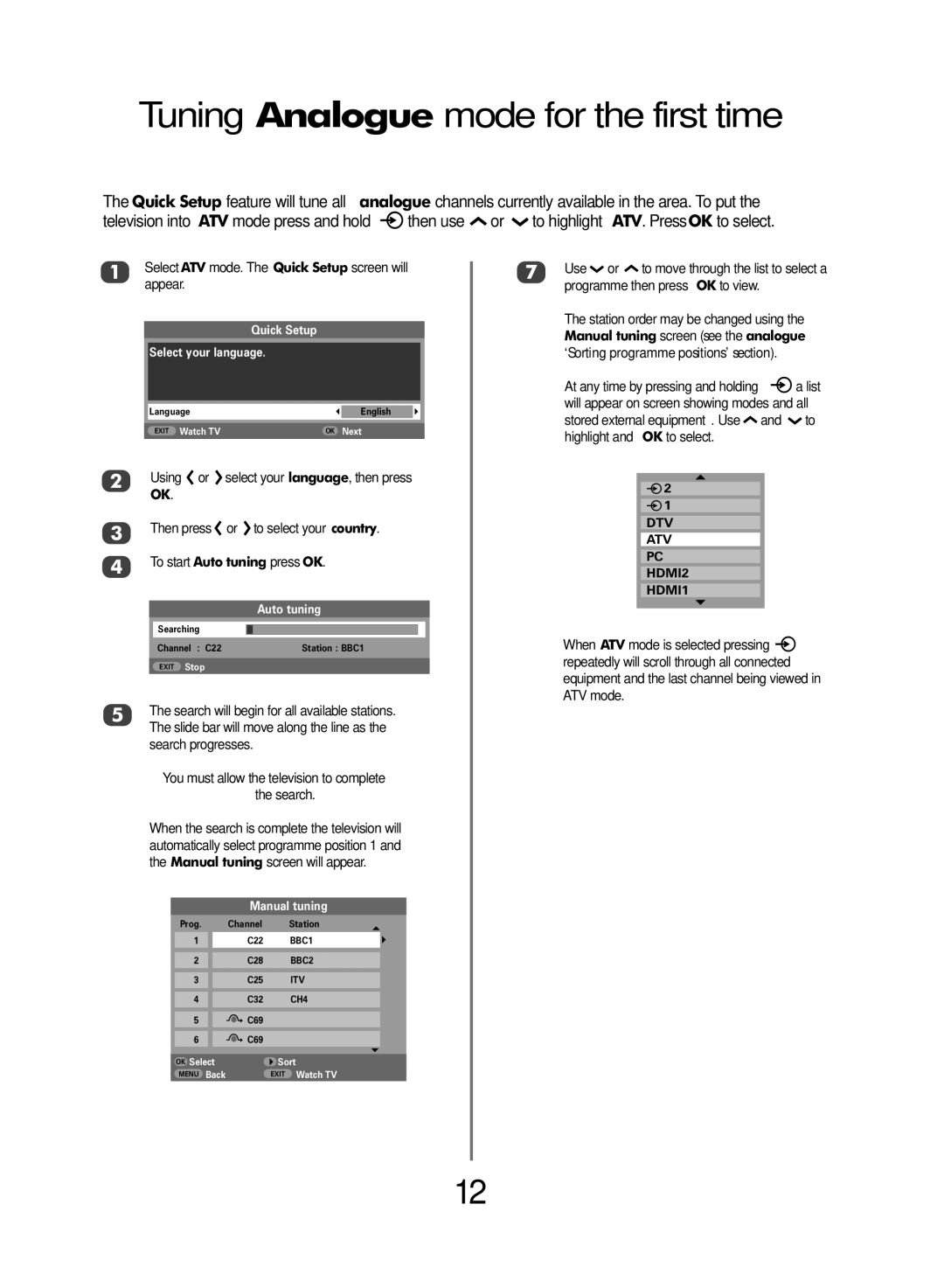 Toshiba WLT66 owner manual Tuning Analogue mode for the first time, Select your language, Auto tuning, Manual tuning 