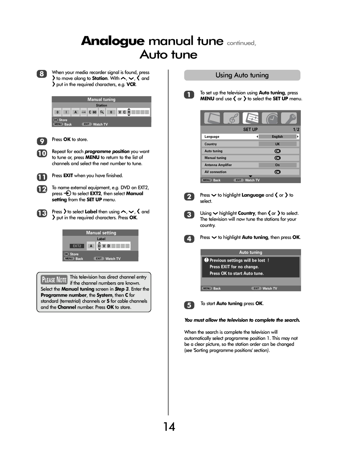 Toshiba WLT66 owner manual Analogue manual tune Auto tune, Using Auto tuning, Press OK to store, Manual setting 