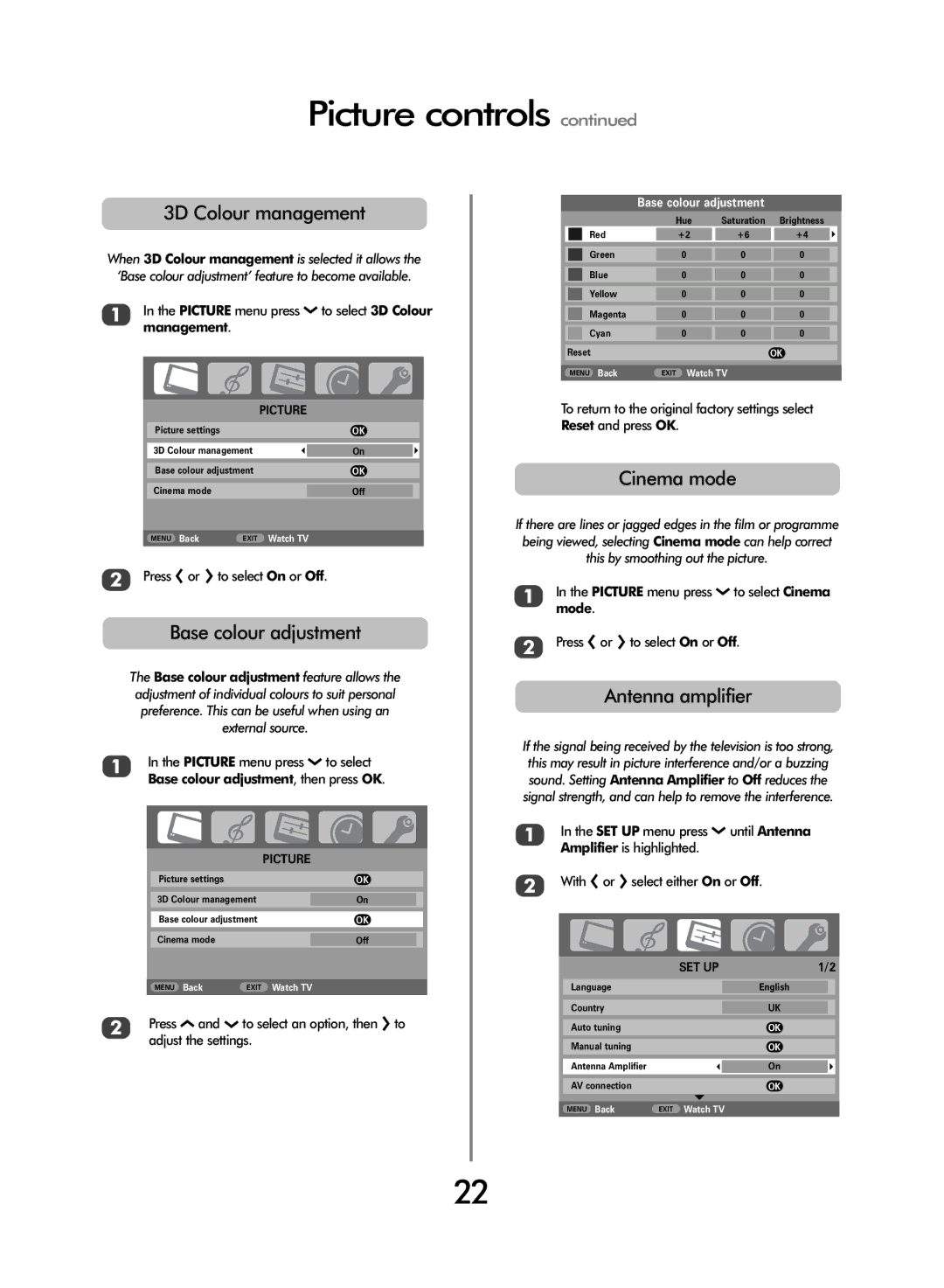 Toshiba WLT66 owner manual 3D Colour management, Base colour adjustment, Cinema mode, Antenna amplifier 