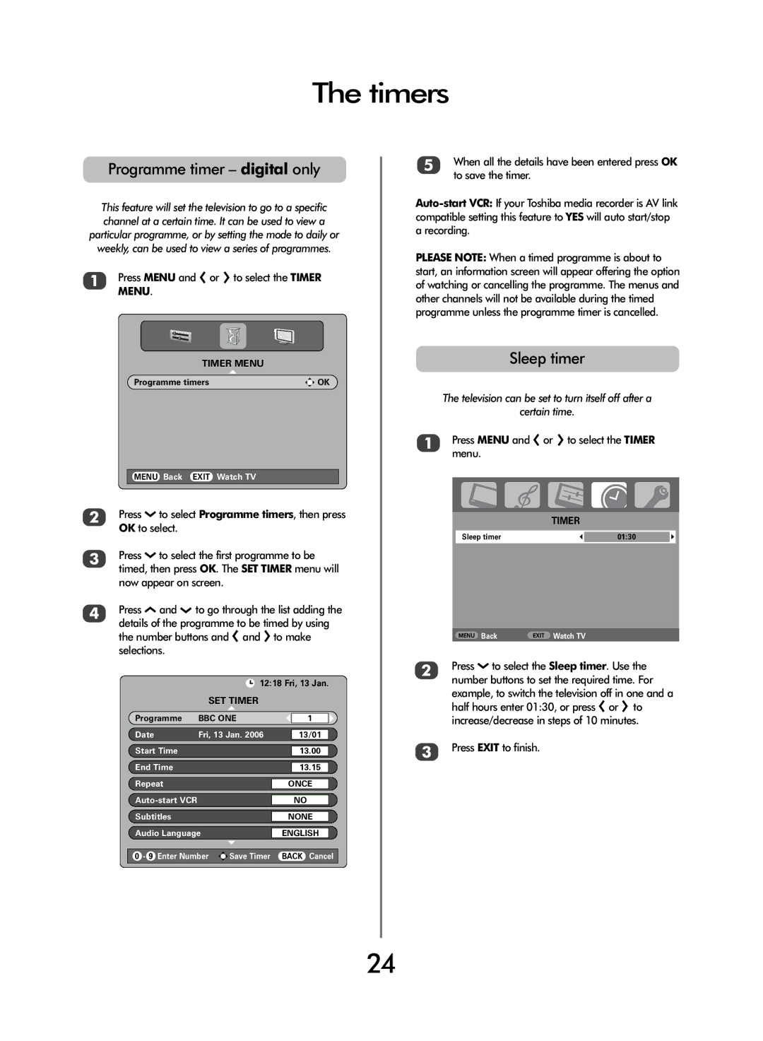 Toshiba WLT66 owner manual Timers, Programme timer digital only, Sleep timer 