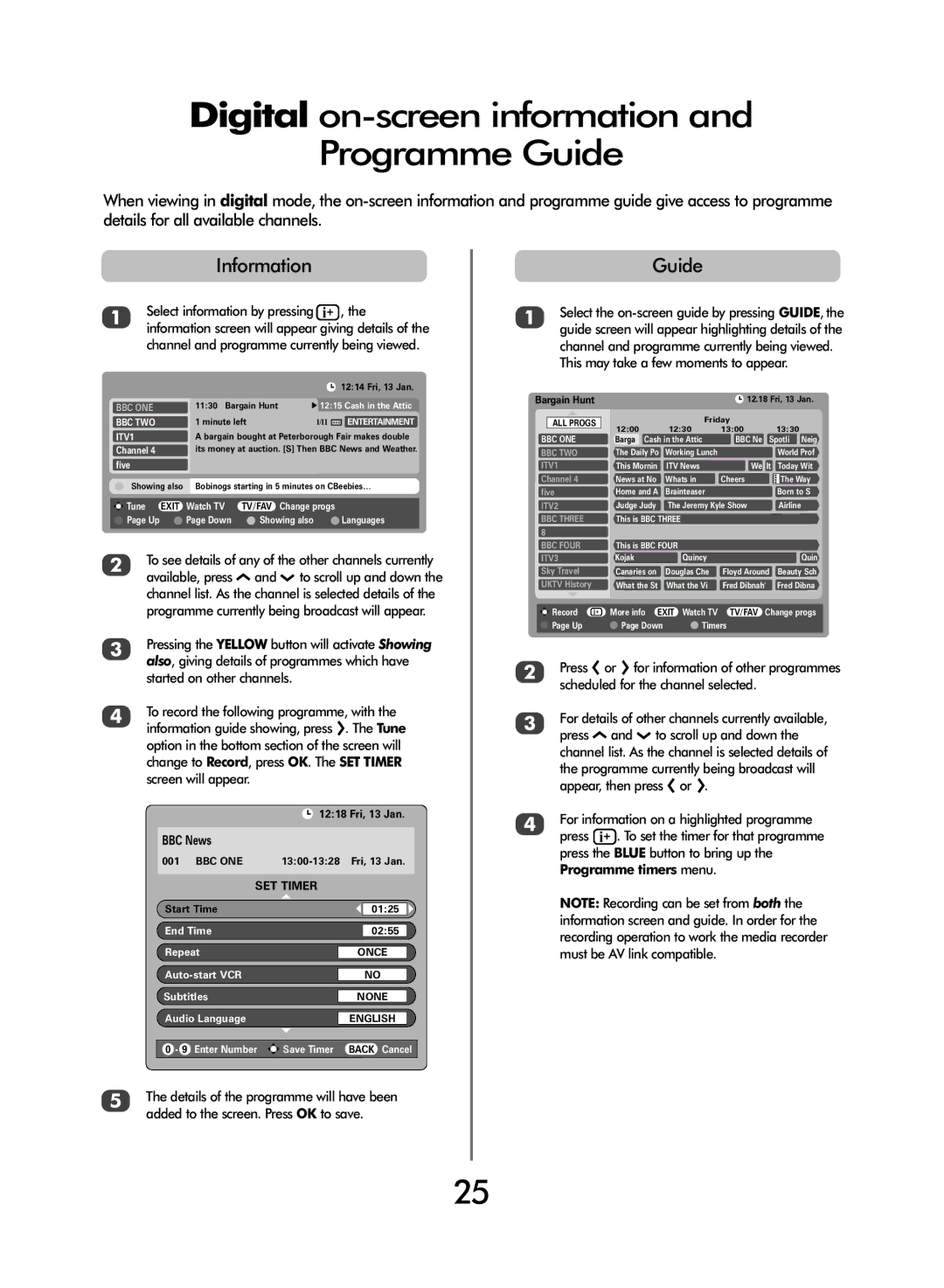 Toshiba WLT66 owner manual Digital on-screen information Programme Guide, Information, BBC News 