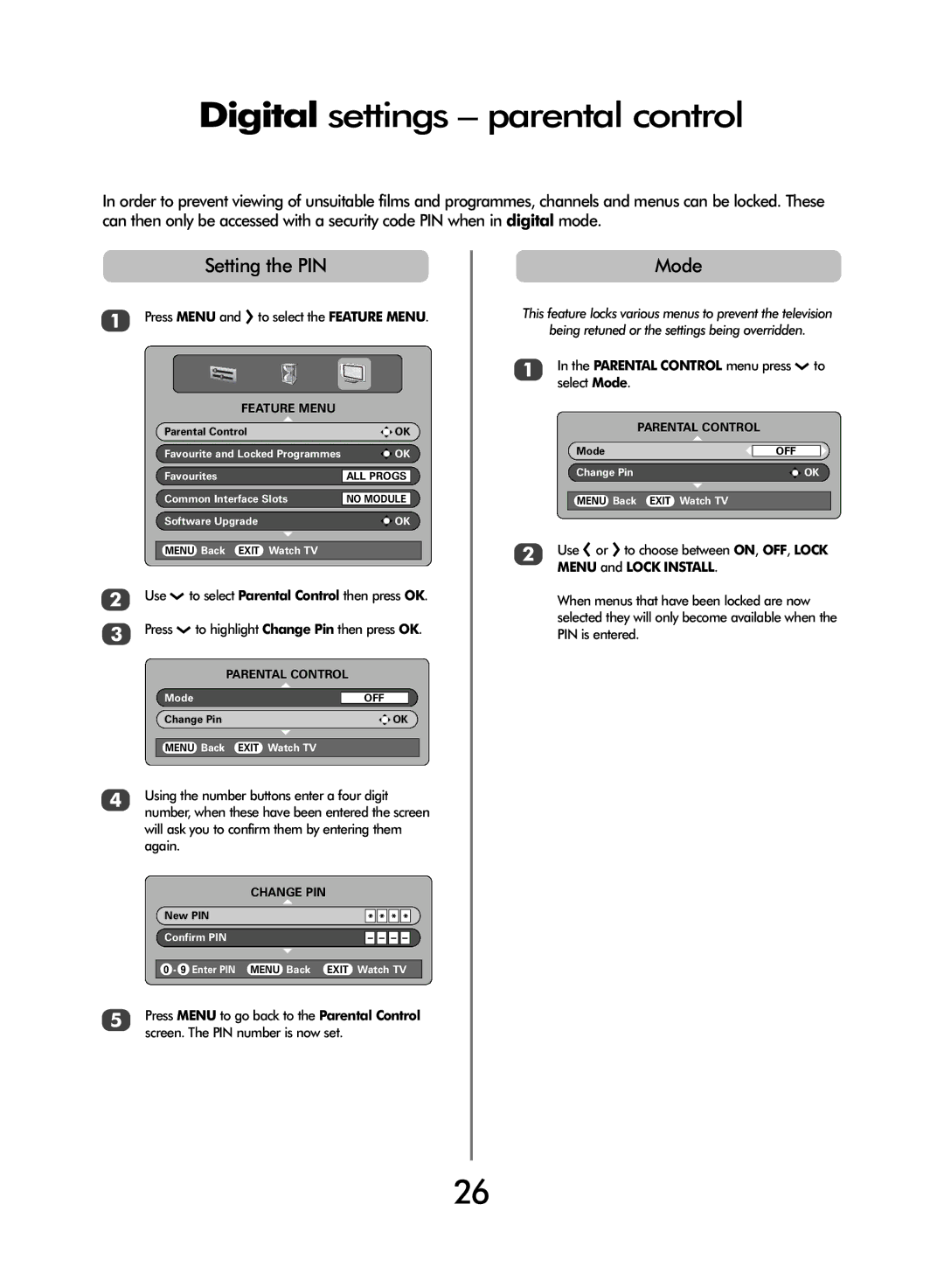 Toshiba WLT66 Digital settings parental control, Setting the PIN, Mode, Press Menu and R to select the Feature Menu 