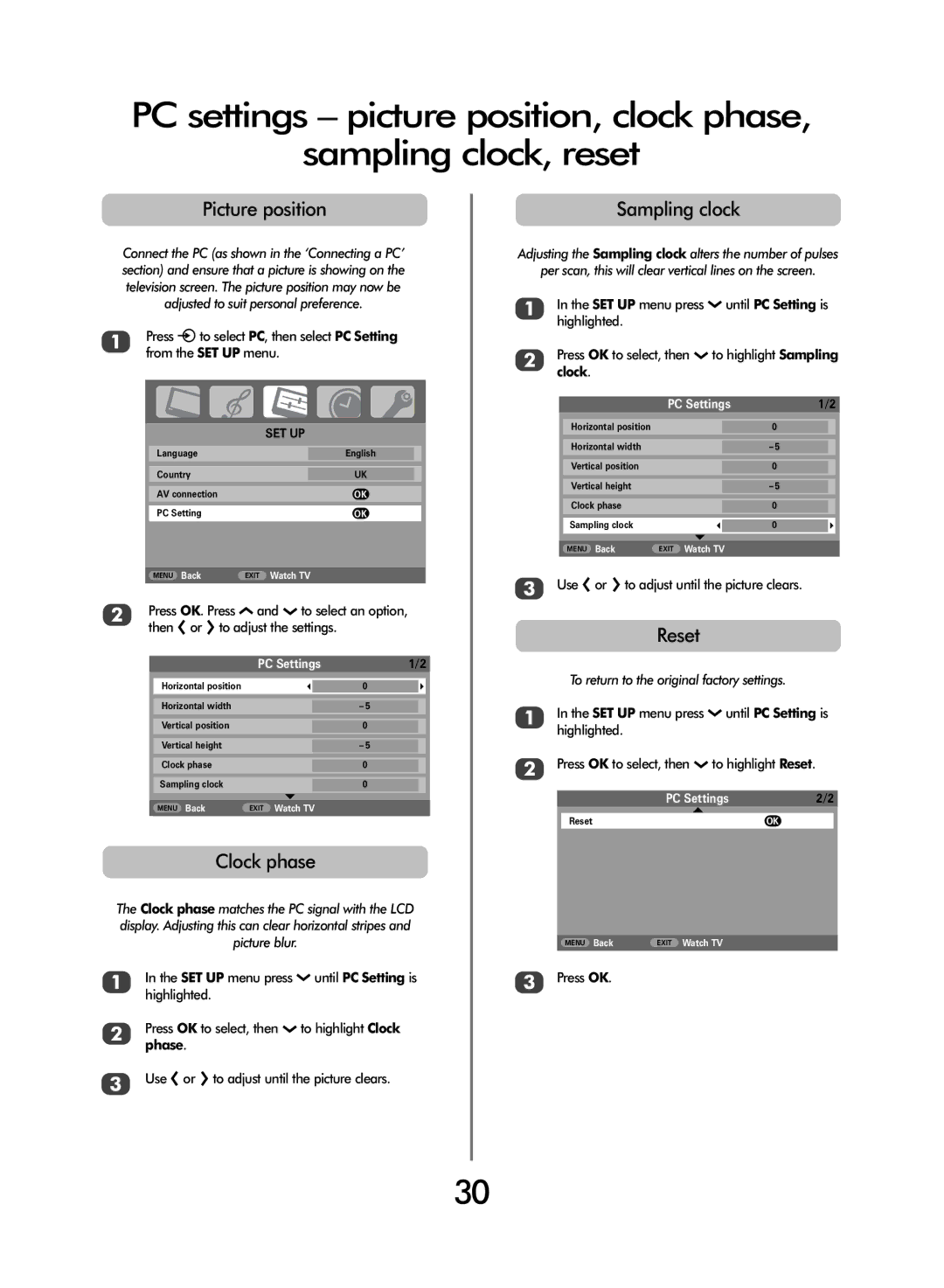 Toshiba WLT66 owner manual Picture position, Clock phase, Sampling clock, Reset, PC Settings 