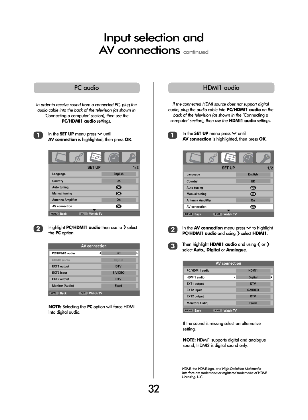 Toshiba WLT66 owner manual Input selection and AV connections, PC audio, HDMI1 audio 