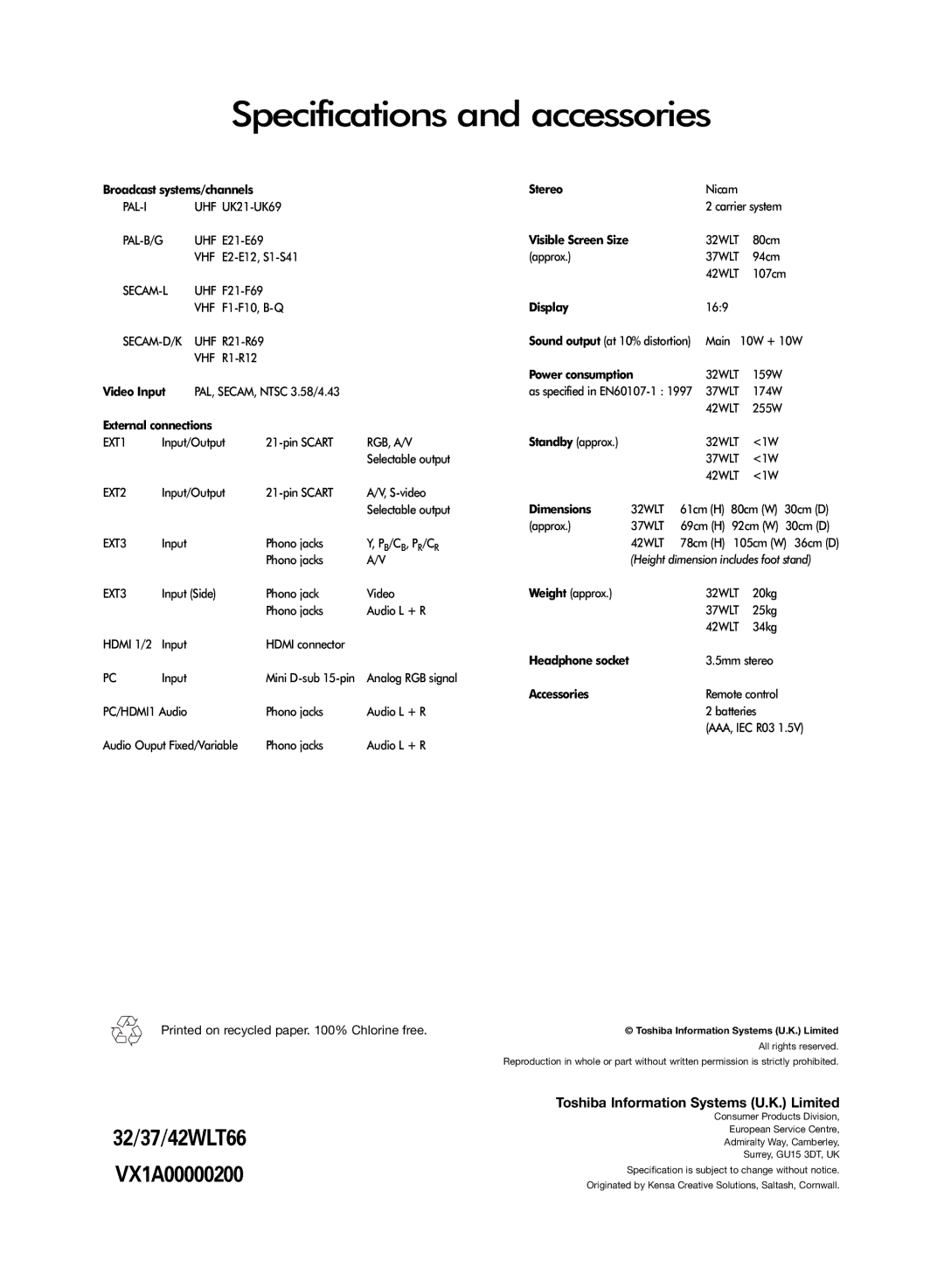 Toshiba WLT66 owner manual Specifications and accessories 