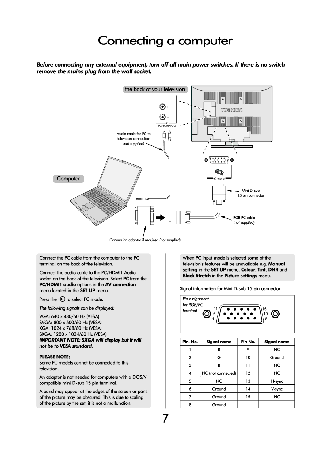 Toshiba WLT66 owner manual Connecting a computer, Please Note, Signal information for Mini D-sub 15 pin connector 