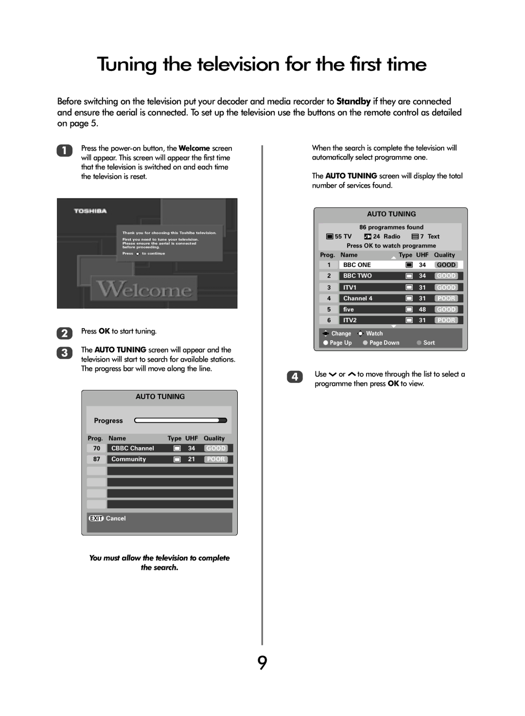 Toshiba WLT66 owner manual Tuning the television for the first time, Press OK to start tuning, Auto Tuning, Progress 