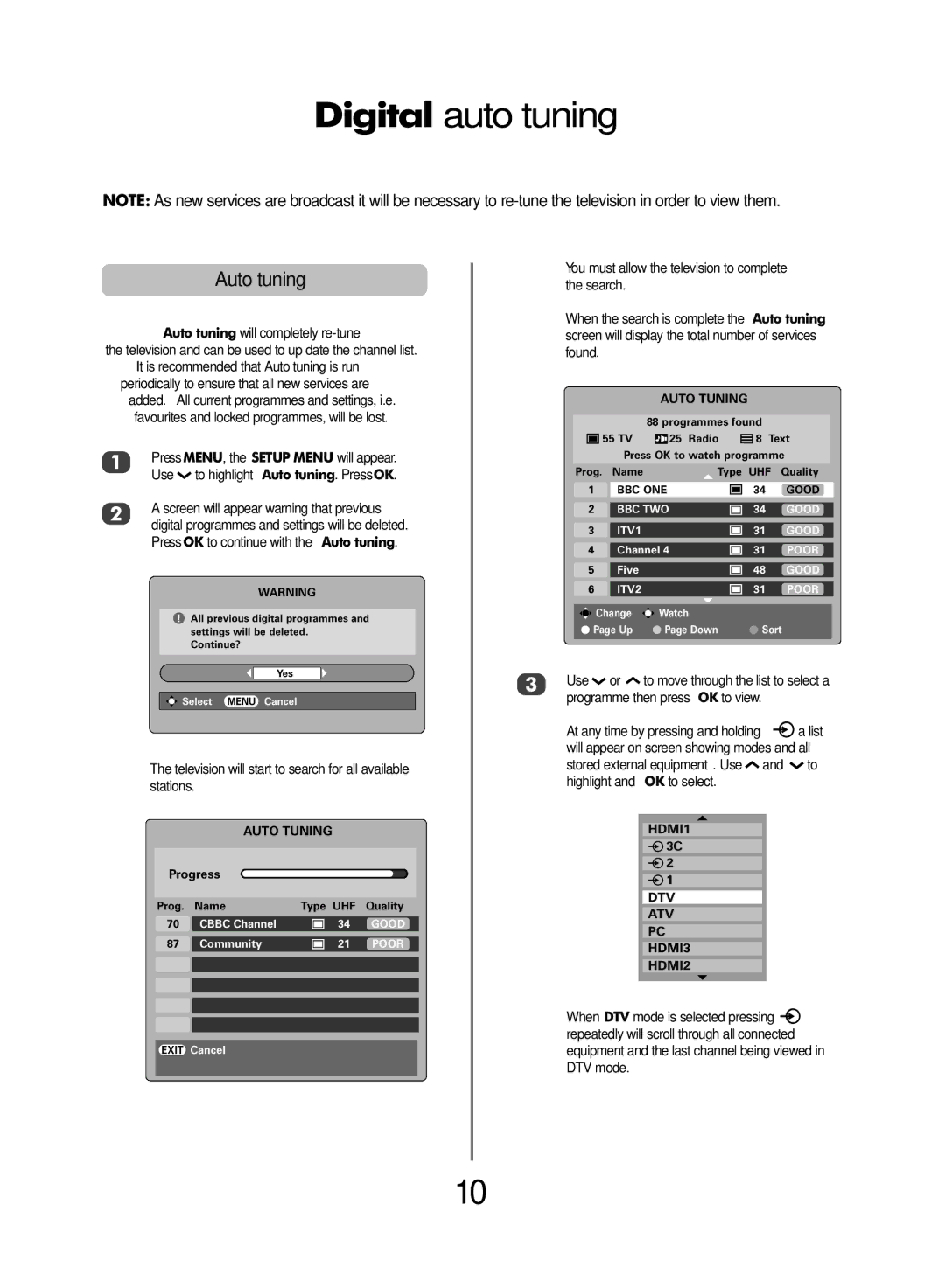 Toshiba WLT68 owner manual Digital auto tuning, Auto tuning, Television will start to search for all available stations 