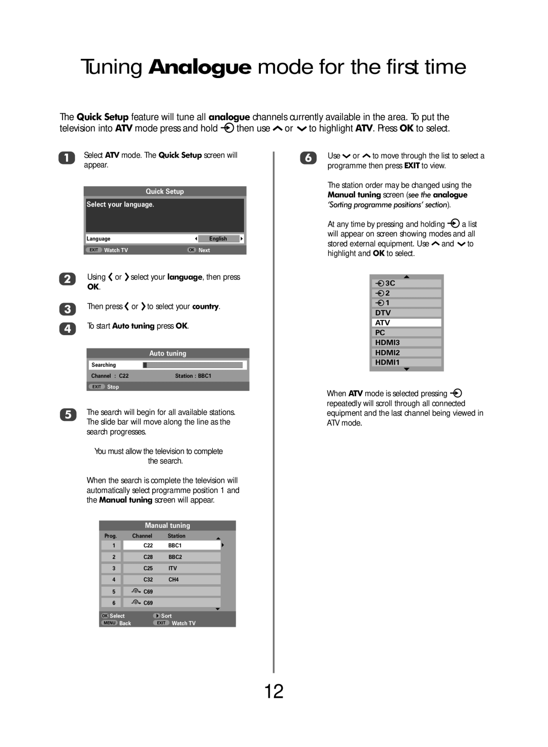 Toshiba WLT68 owner manual Tuning Analogue mode for the first time, Select your language, Auto tuning, Manual tuning 