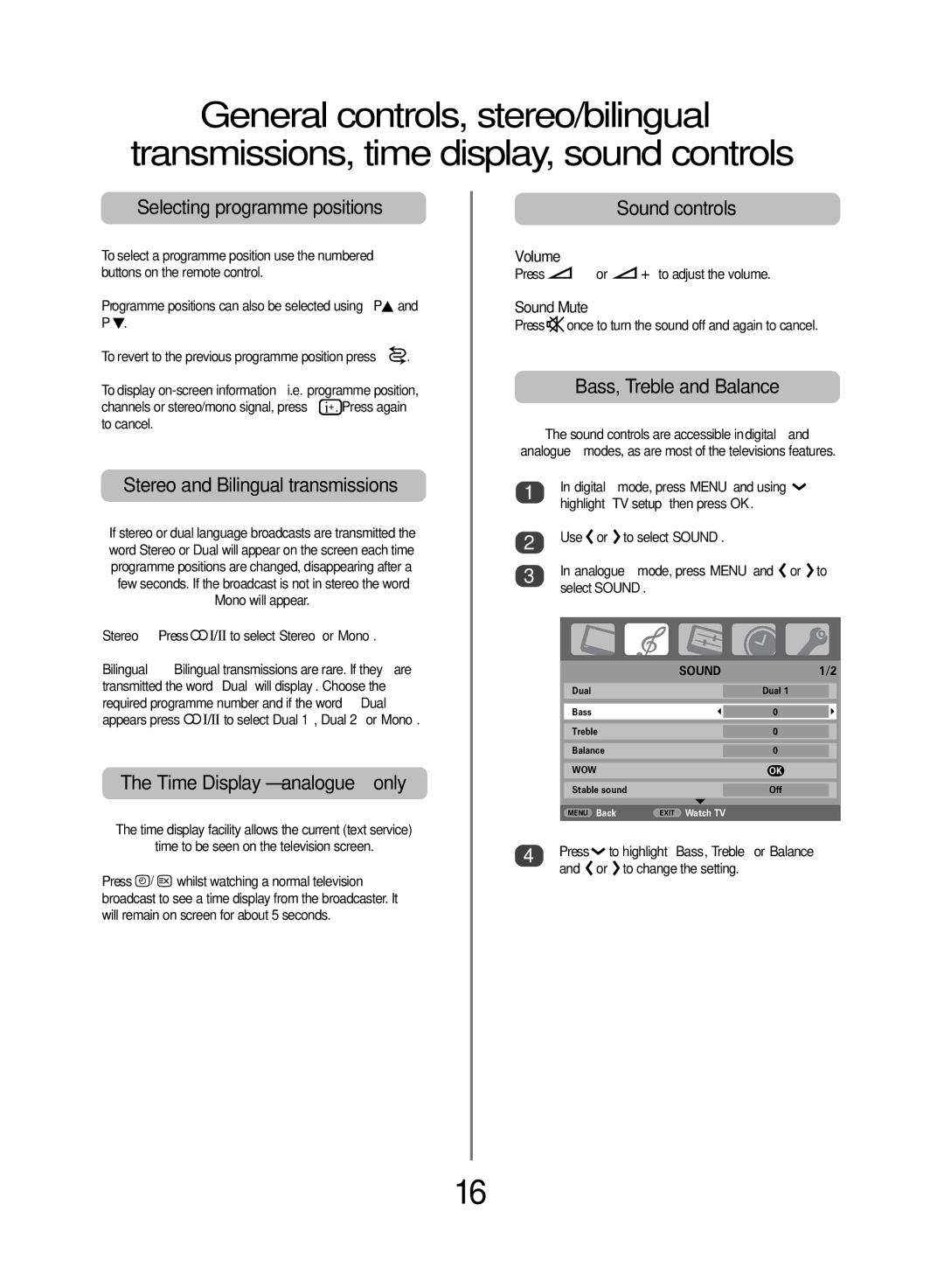 Toshiba WLT68 owner manual Selecting programme positions, Stereo and Bilingual transmissions, Time Display analogue only 