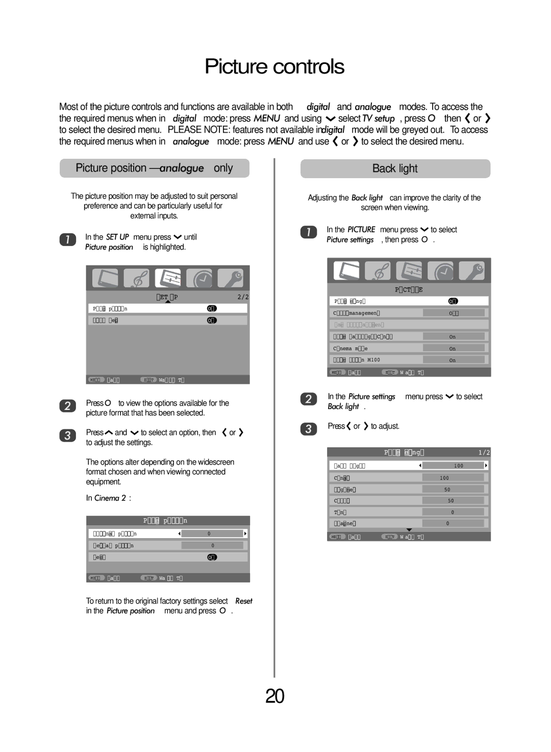 Toshiba WLT68 owner manual Picture controls, Picture position analogue only, Back light 