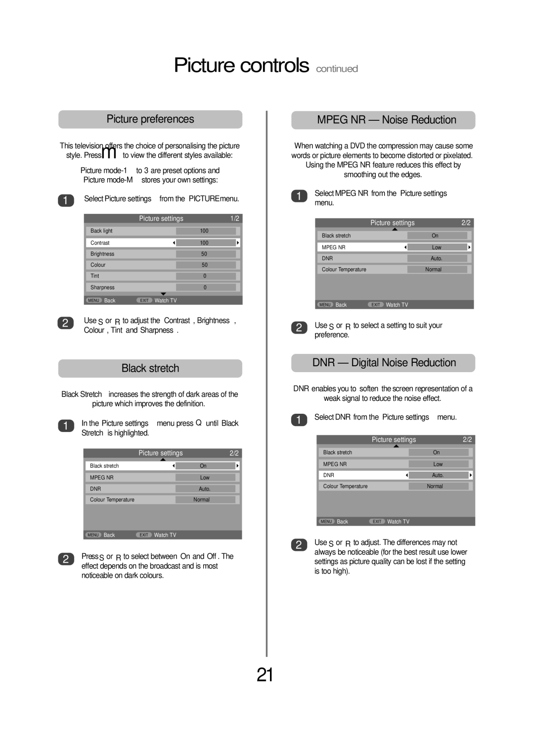 Toshiba WLT68 owner manual Picture preferences, Black stretch, Mpeg NR Noise Reduction, DNR Digital Noise Reduction 