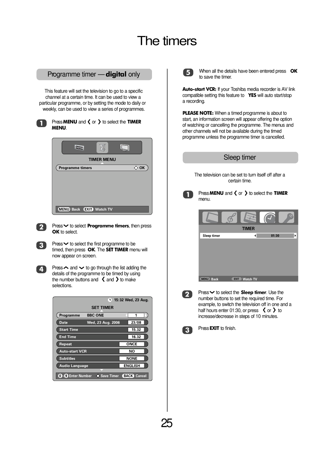 Toshiba WLT68 Timers, Programme timer digital only, Sleep timer, Press Menu and S or R to select the Timer Menu 