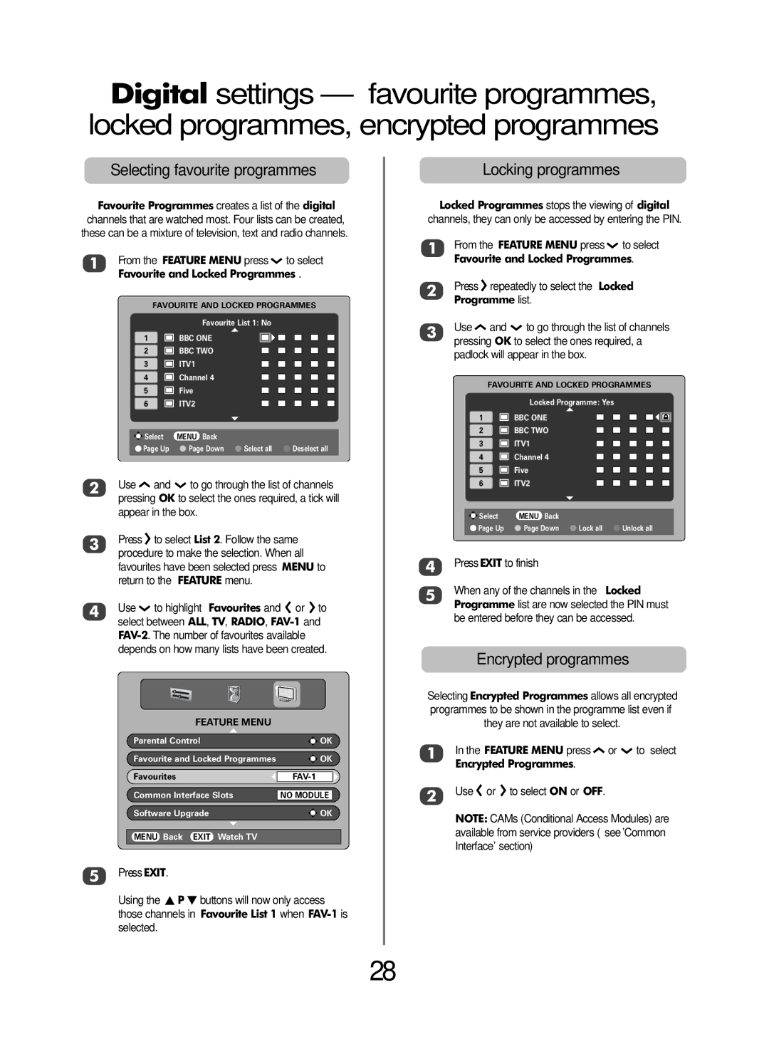 Toshiba WLT68 owner manual Selecting favourite programmes, Locking programmes, Encrypted programmes 