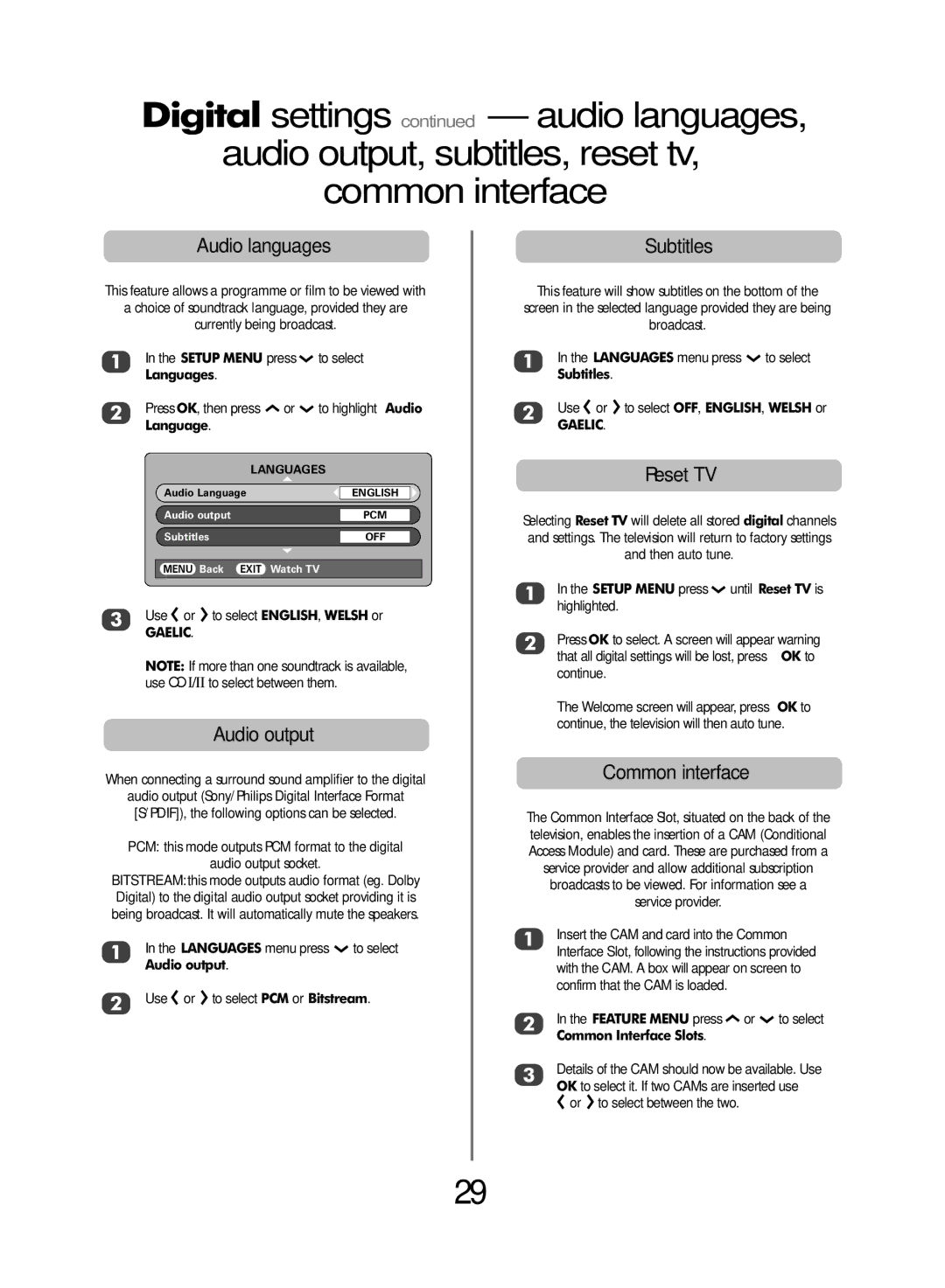 Toshiba WLT68 owner manual Audio languages, Audio output, Subtitles, Reset TV, Common interface 