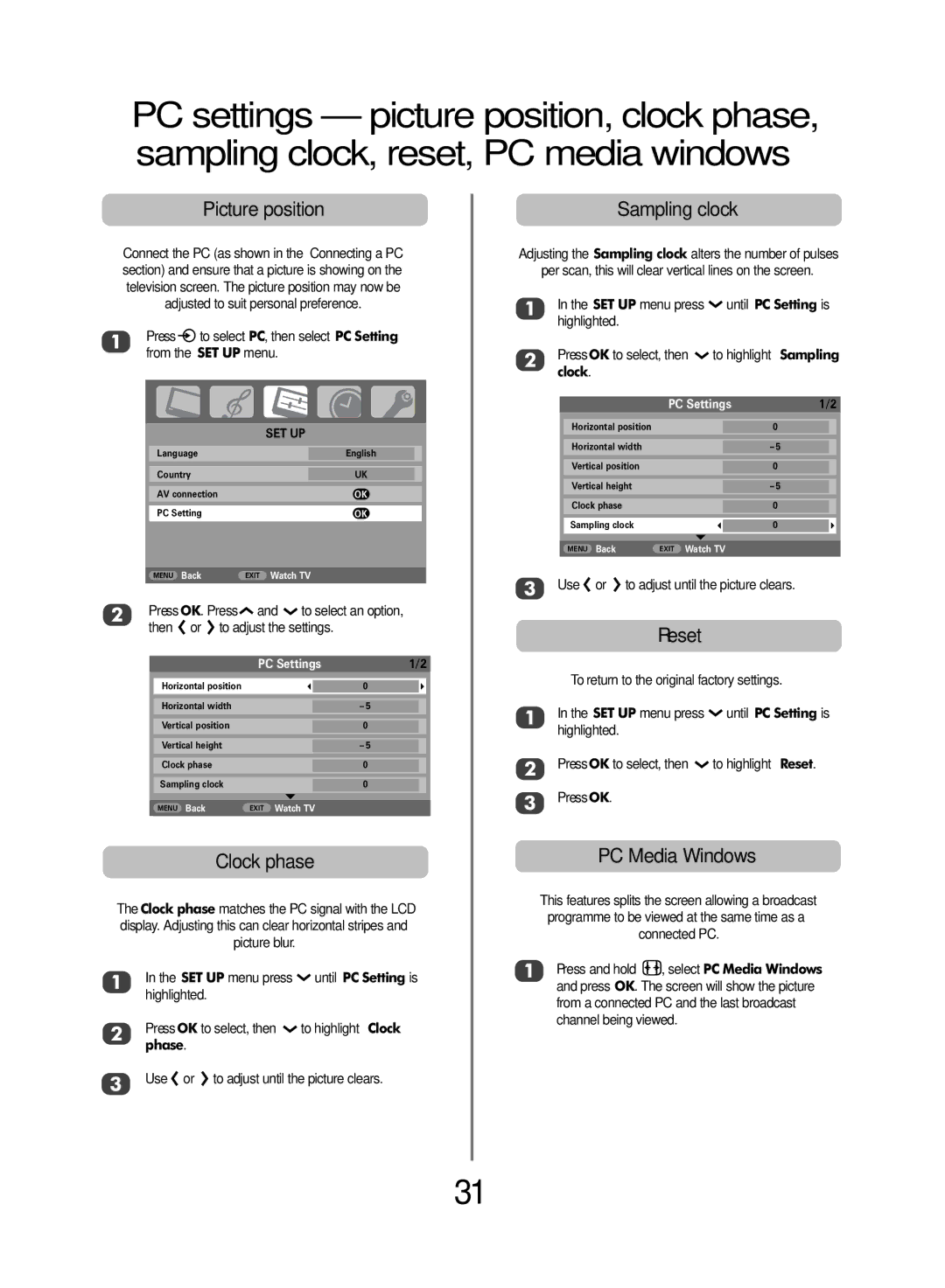 Toshiba WLT68 owner manual Picture position, Clock phase, Sampling clock, Reset, PC Media Windows 