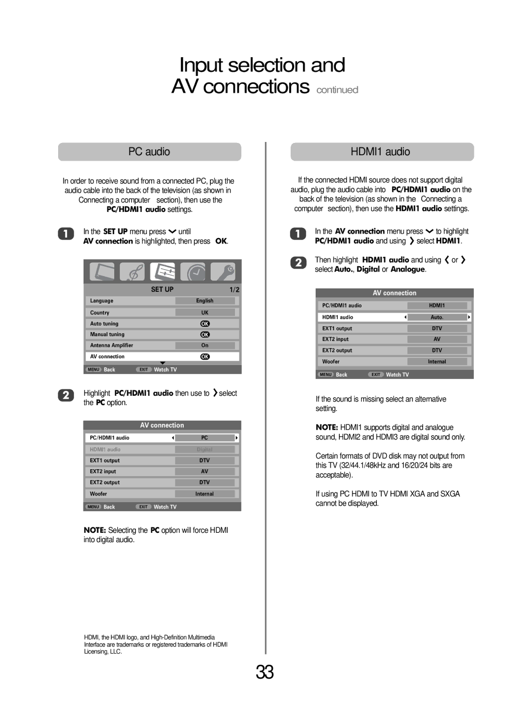 Toshiba WLT68 owner manual Input selection and AV connections, PC audio, HDMI1 audio 