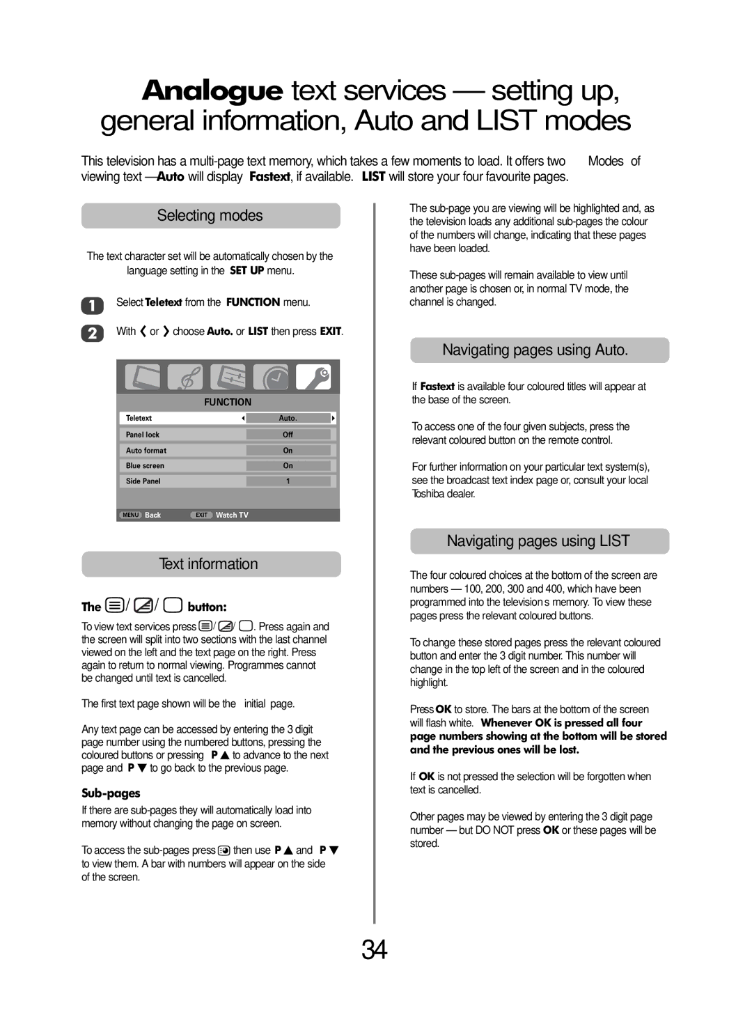 Toshiba WLT68 owner manual Selecting modes, Text information, Navigating pages using Auto, Navigating pages using List 