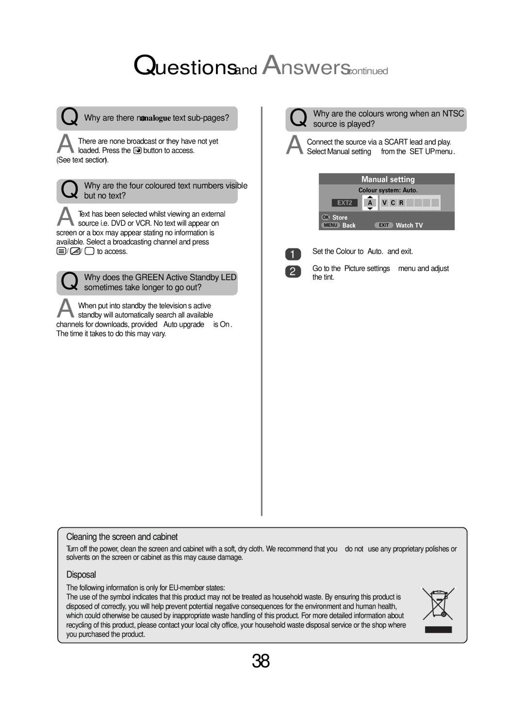 Toshiba WLT68 owner manual Cleaning the screen and cabinet… 