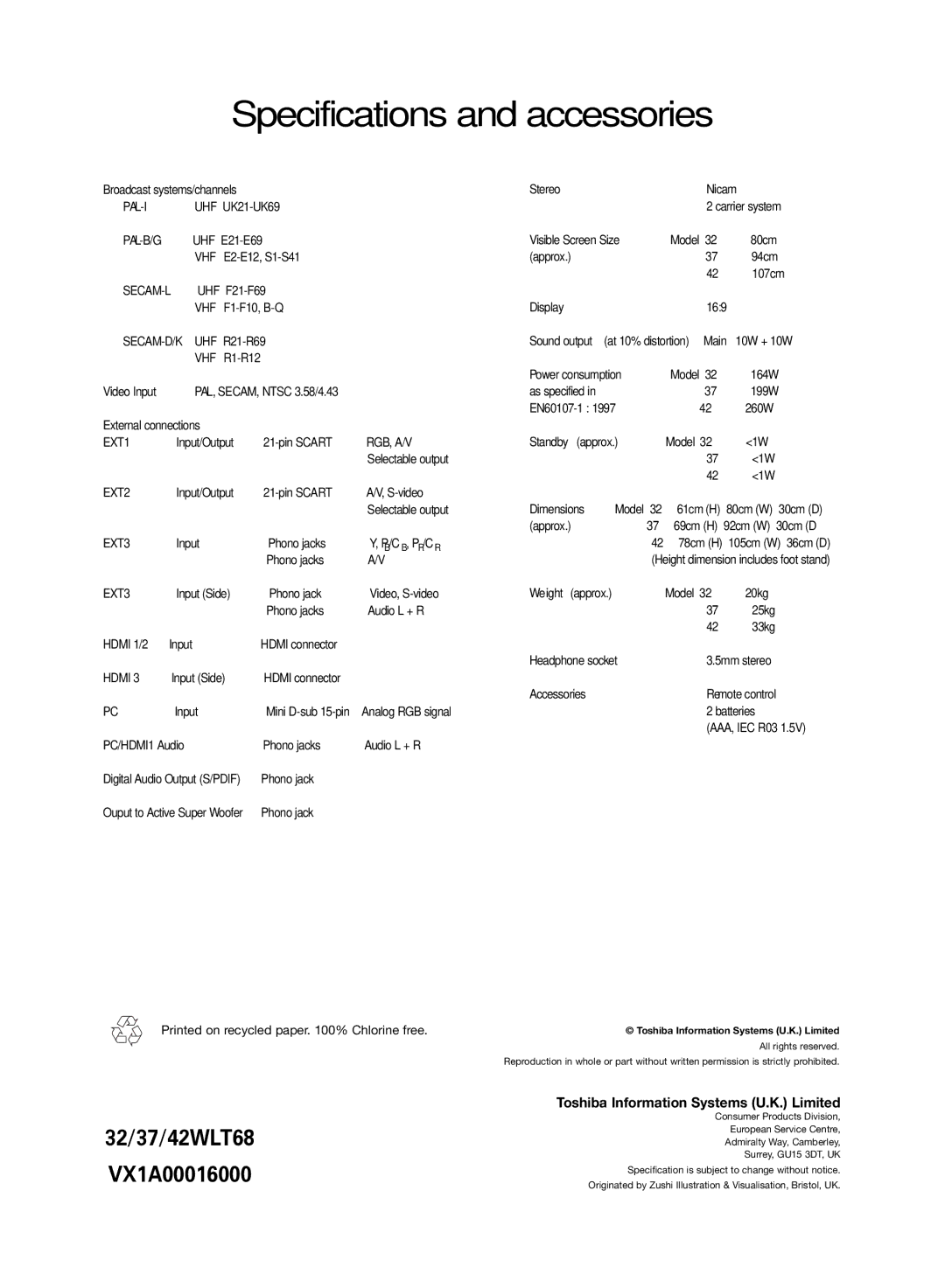 Toshiba WLT68 owner manual Specifications and accessories 