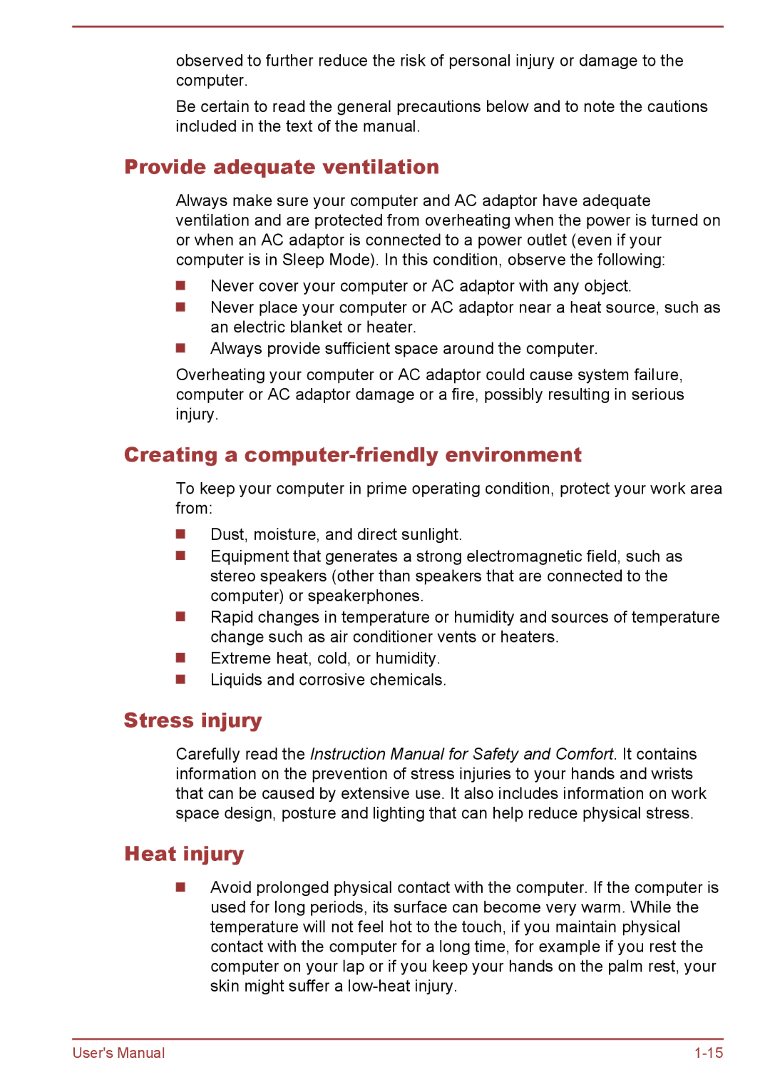 Toshiba WT10-A, WT8-B Provide adequate ventilation, Creating a computer-friendly environment, Stress injury Heat injury 