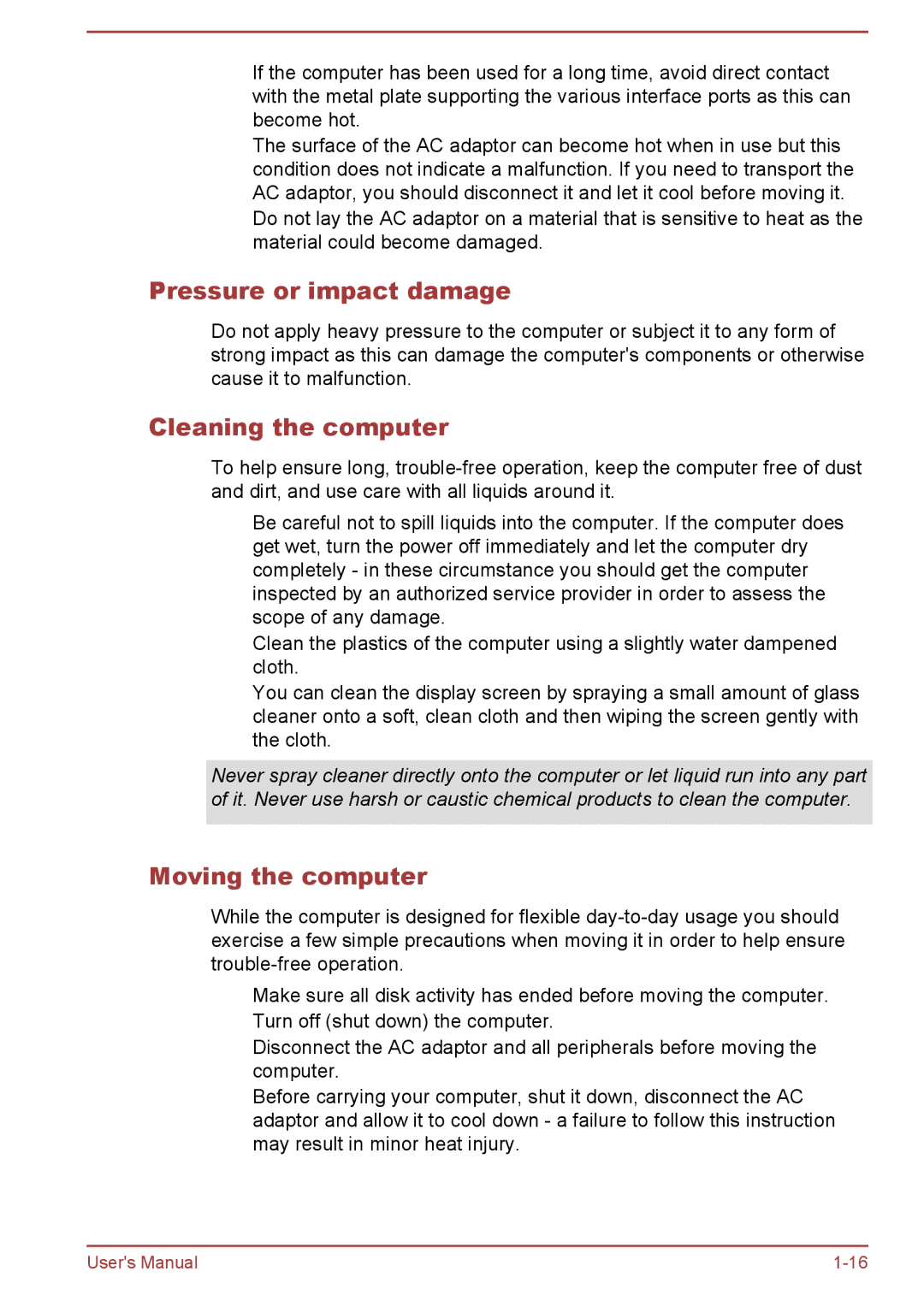 Toshiba WT8-B, WT10-A user manual Pressure or impact damage, Cleaning the computer, Moving the computer 