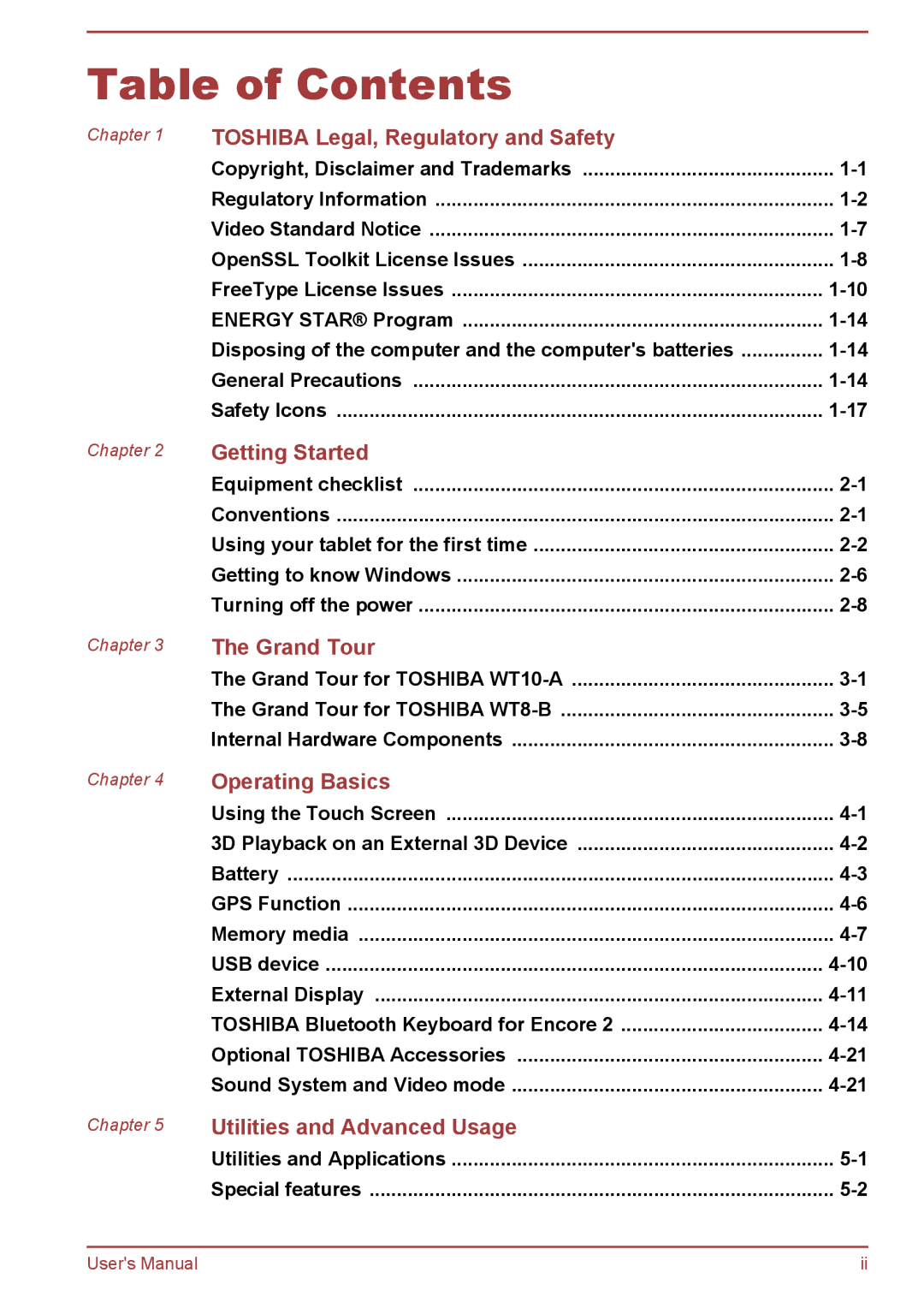 Toshiba WT10-A, WT8-B user manual Table of Contents 