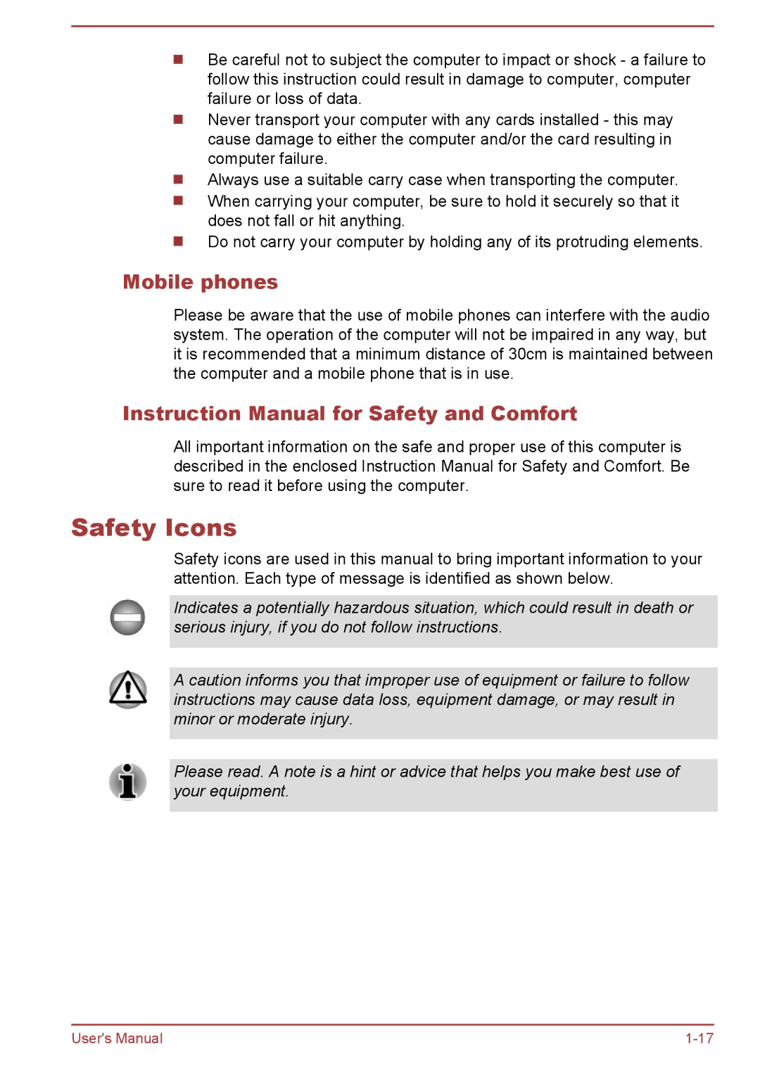 Toshiba WT10-A, WT8-B user manual Safety Icons, Mobile phones 